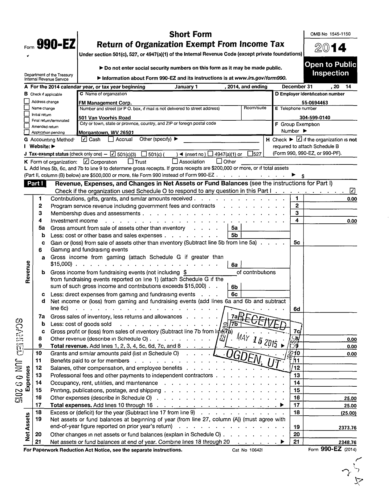 Image of first page of 2014 Form 990EZ for FM Management Corporation