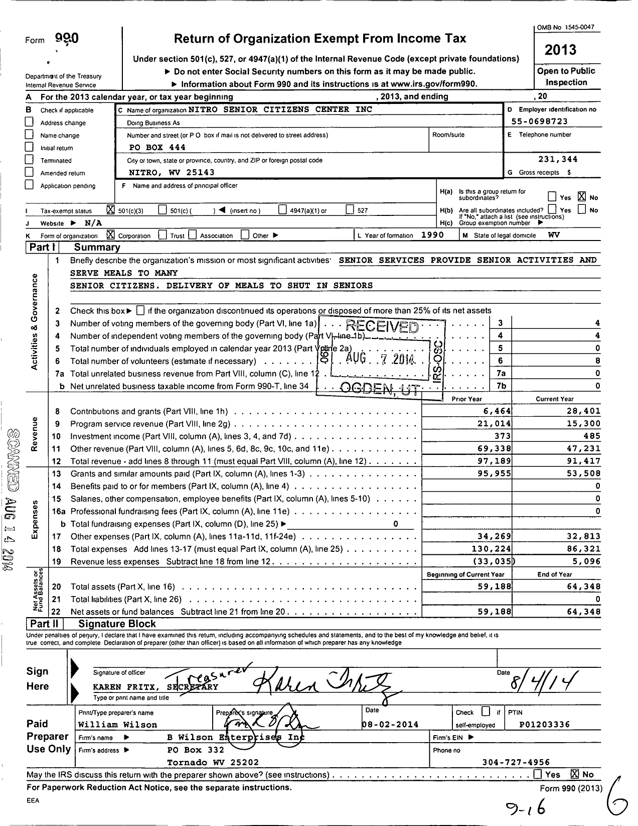 Image of first page of 2013 Form 990 for Nitro Senior Citizens Center TT