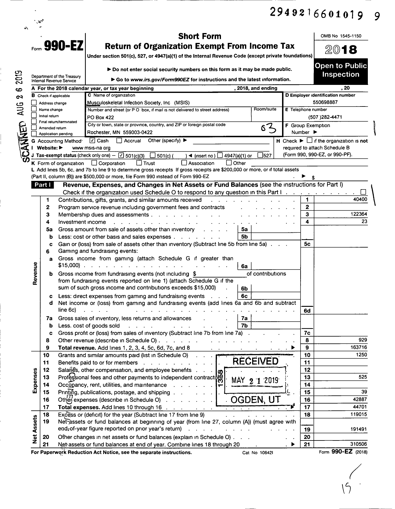 Image of first page of 2018 Form 990EZ for Musculoskeletal Infection Society Incmsis