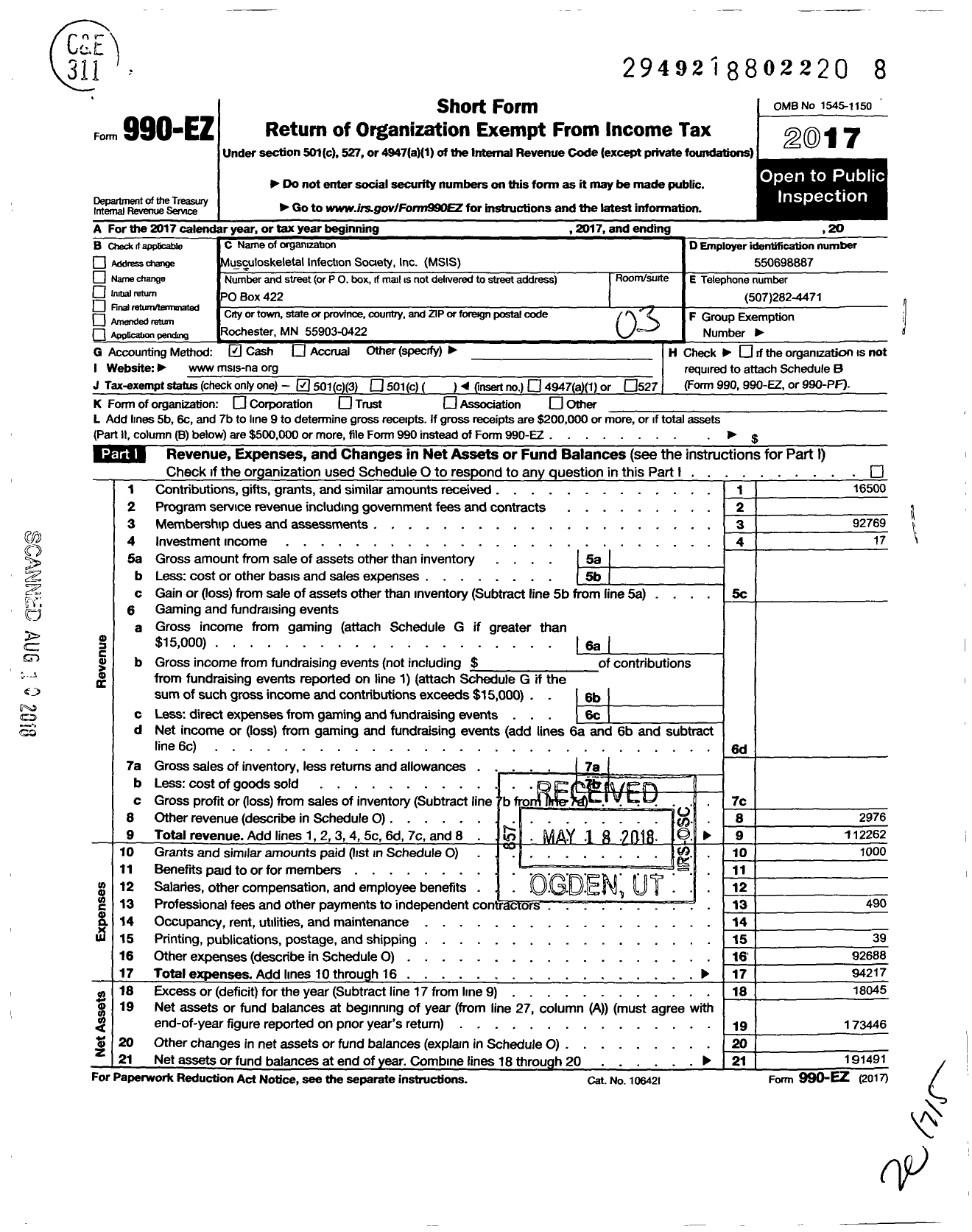 Image of first page of 2017 Form 990EZ for Musculoskeletal Infection Society Incmsis