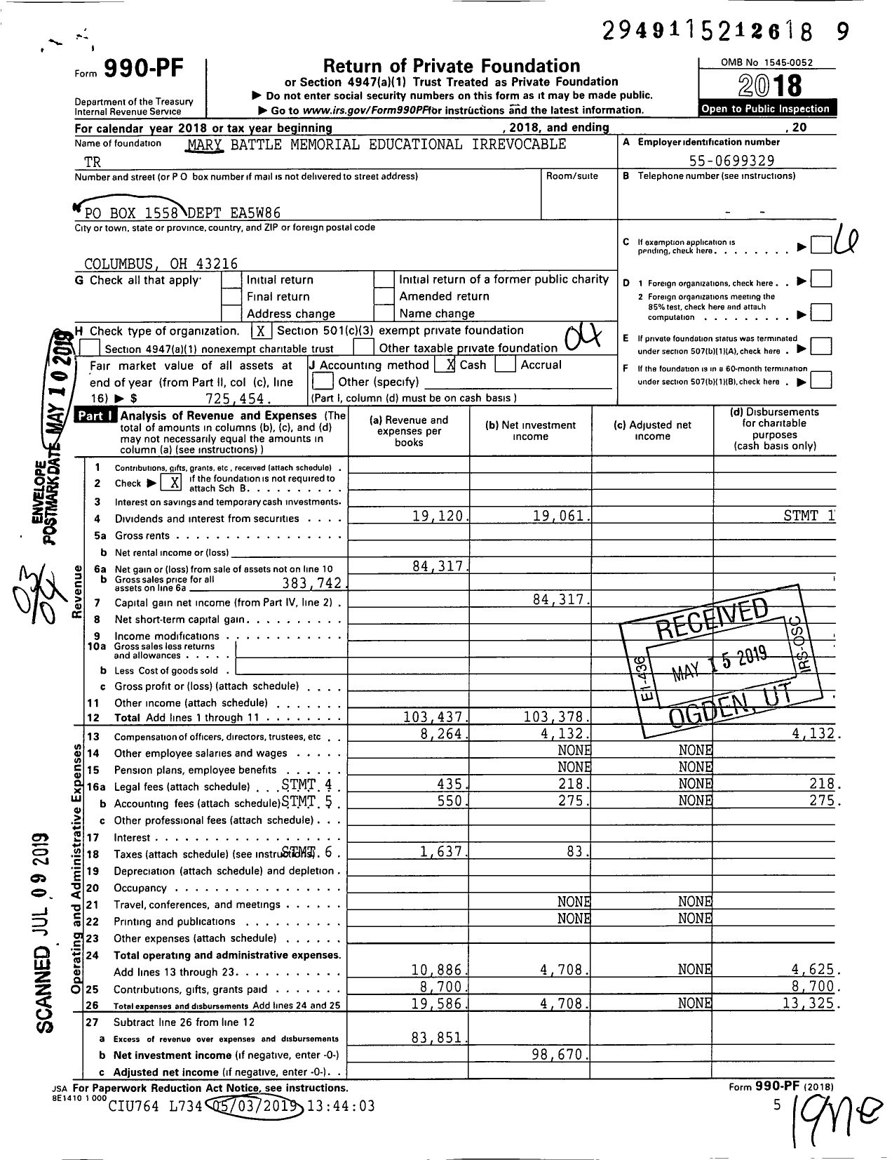 Image of first page of 2018 Form 990PF for Mary Battle Memorial Educational