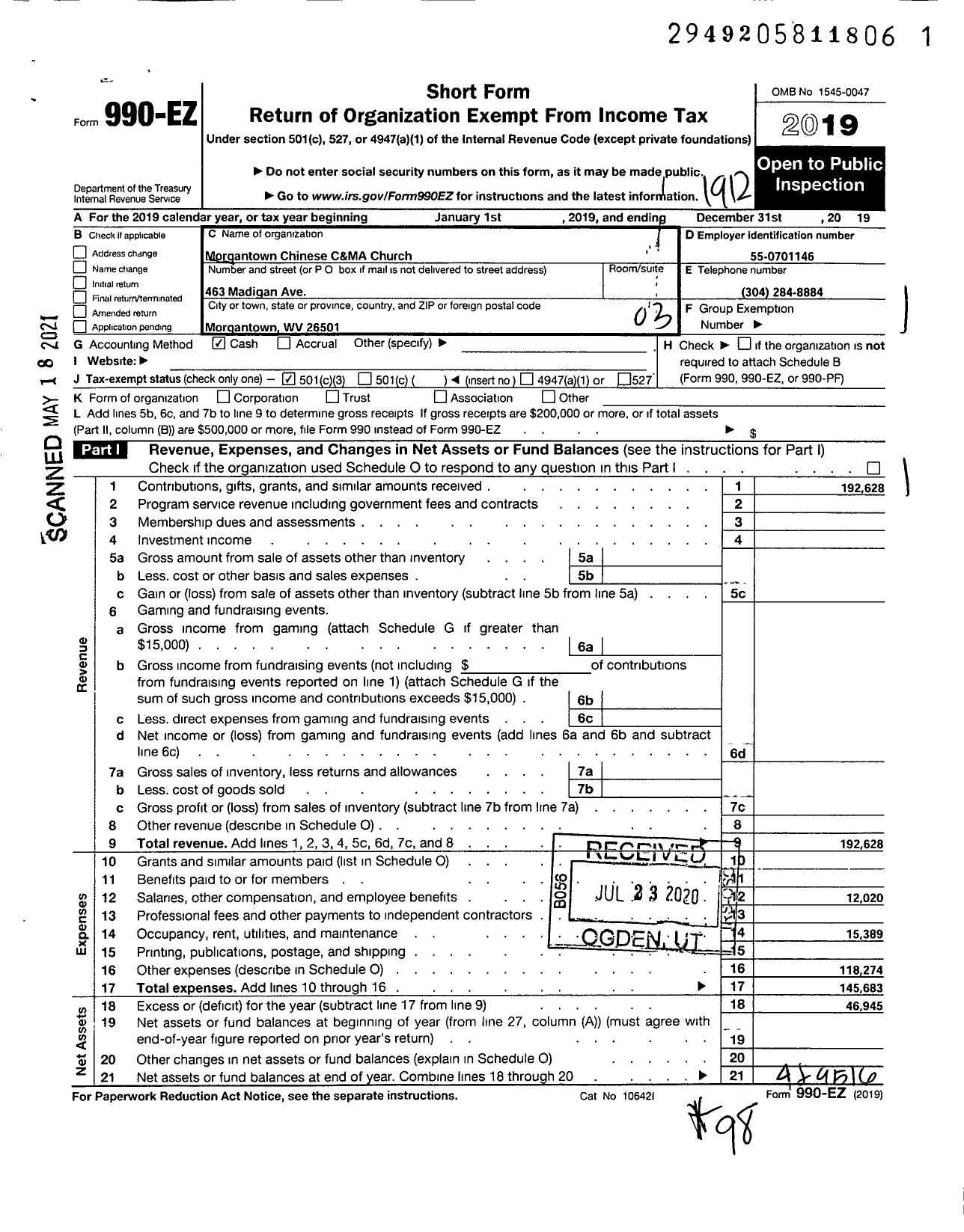 Image of first page of 2019 Form 990EZ for Morgantown Chinese Christian and Missionary Alliance Church