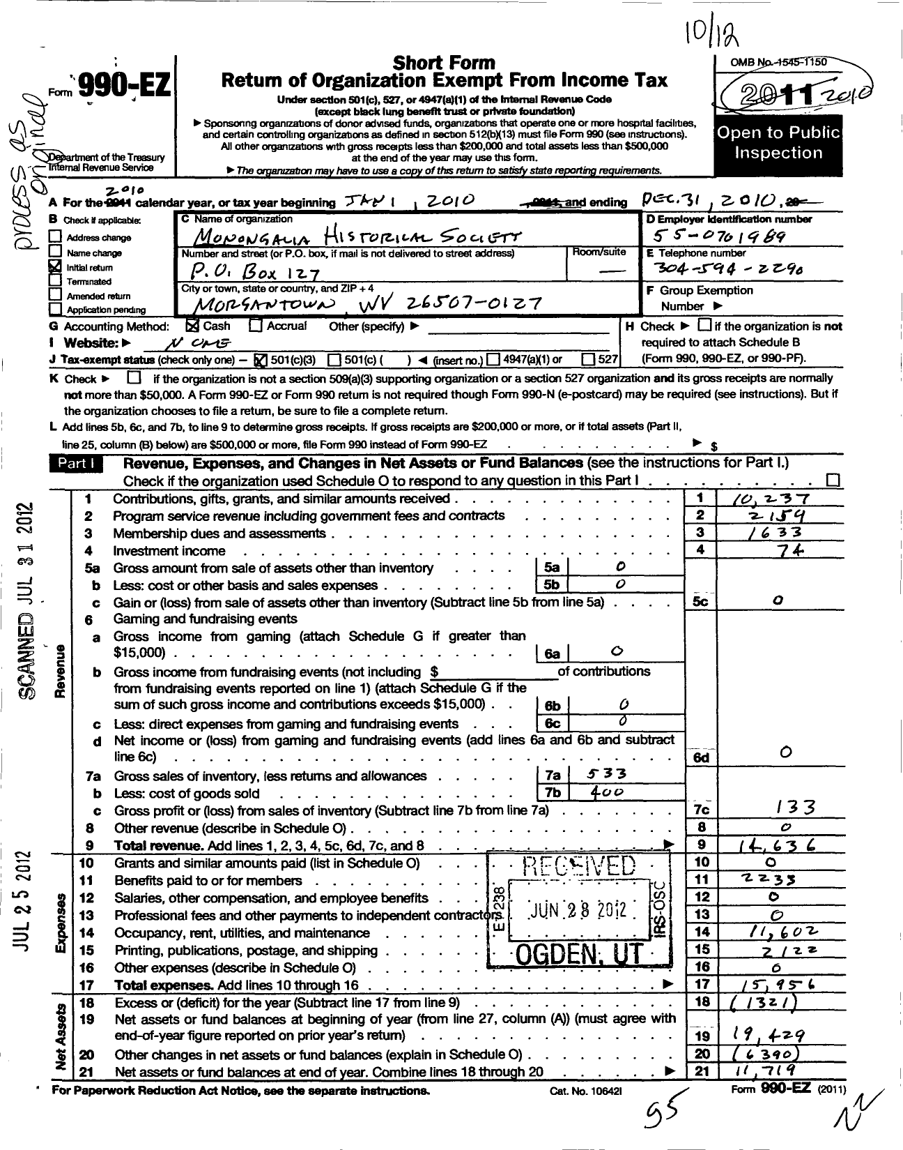 Image of first page of 2010 Form 990EZ for The Monongalia Historical Society