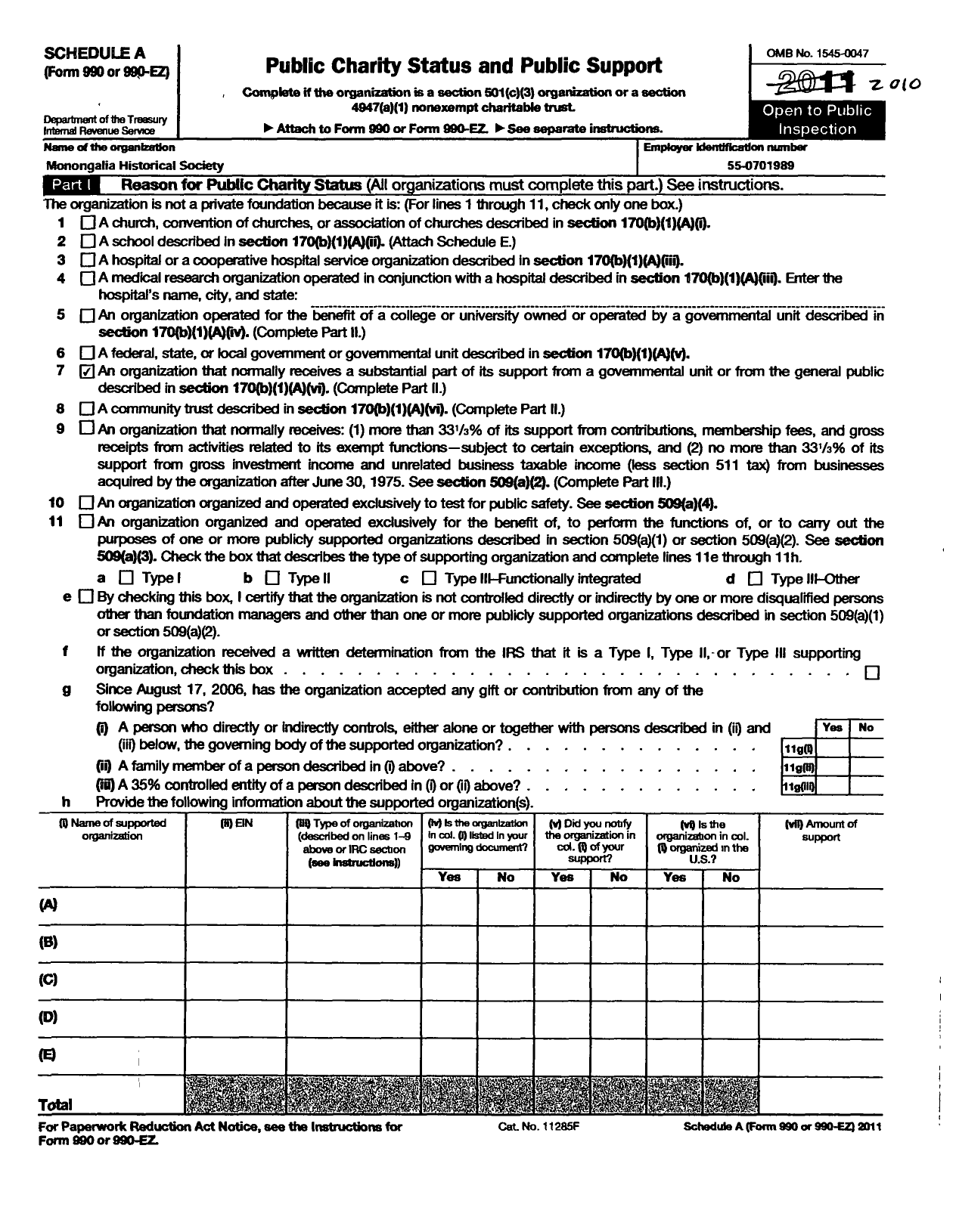 Image of first page of 2010 Form 990ER for The Monongalia Historical Society