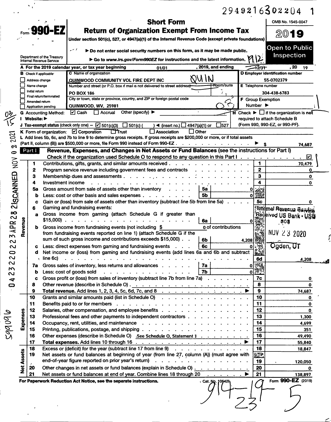 Image of first page of 2019 Form 990EZ for Quinwood Community Volunteer Fire Dept