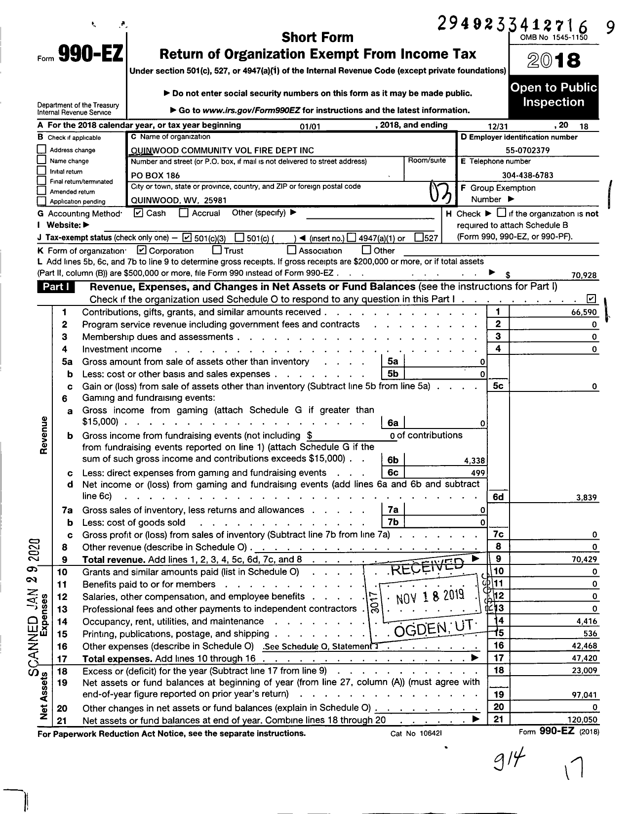 Image of first page of 2018 Form 990EZ for Quinwood Community Volunteer Fire Dept