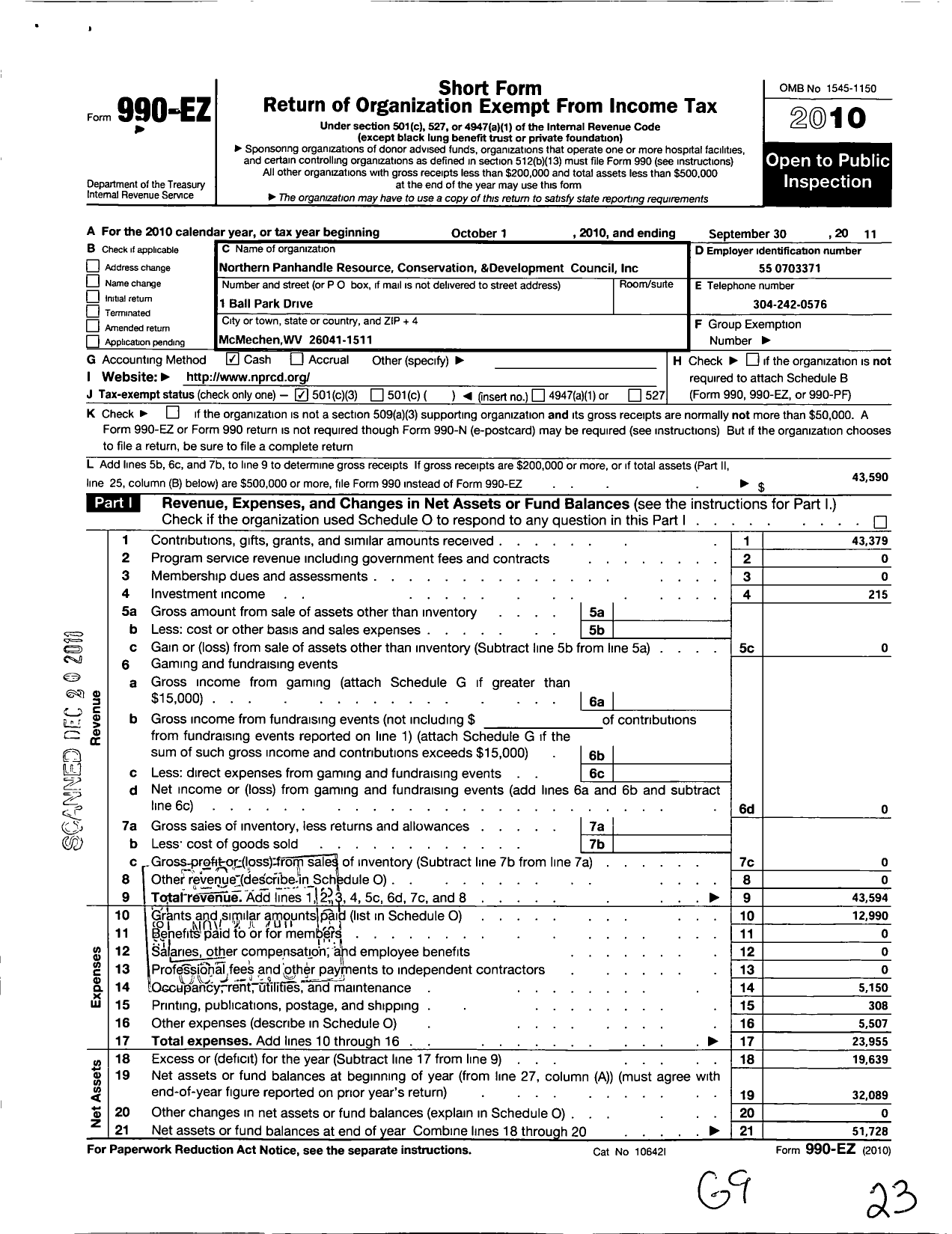 Image of first page of 2010 Form 990EZ for Northern Panhandle Resource Conservation and Dev Council