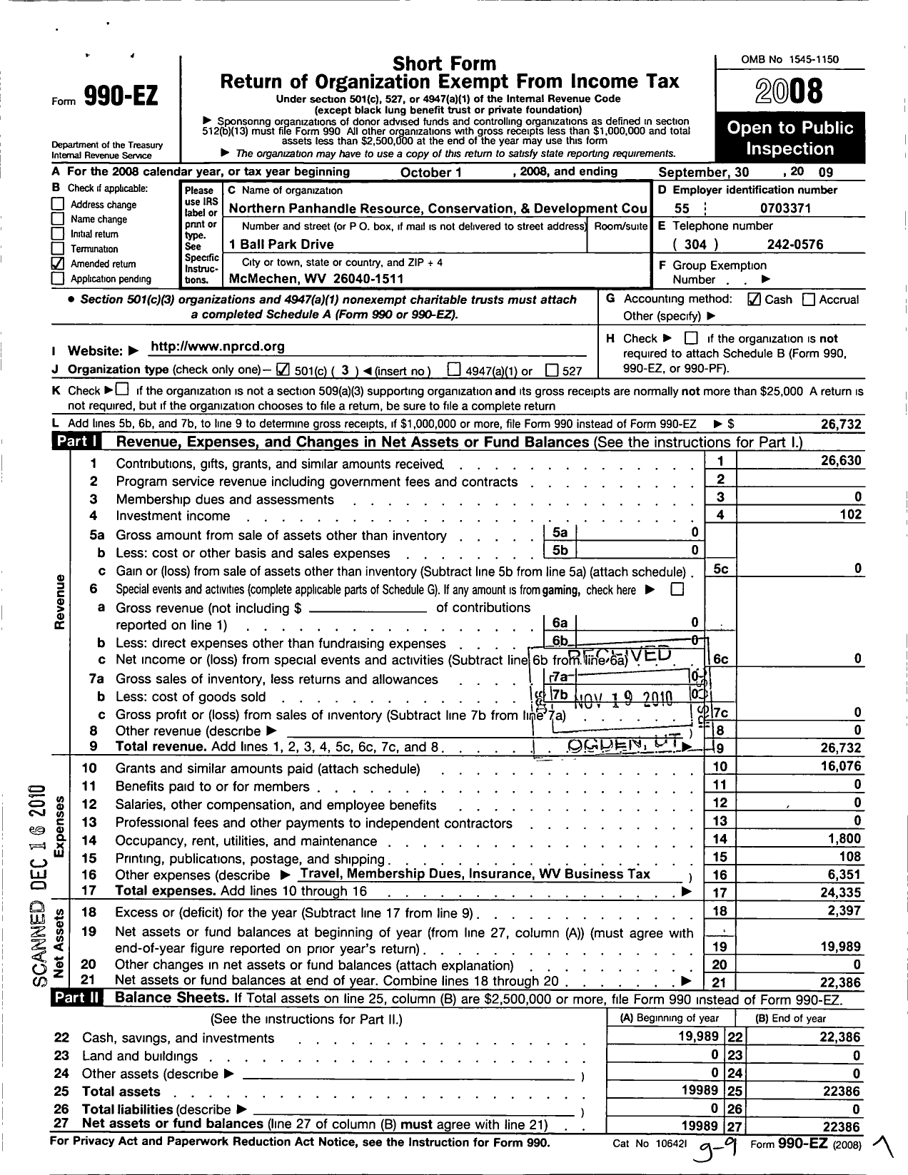 Image of first page of 2008 Form 990EZ for Northern Panhandle Resource Conservation and Dev Council