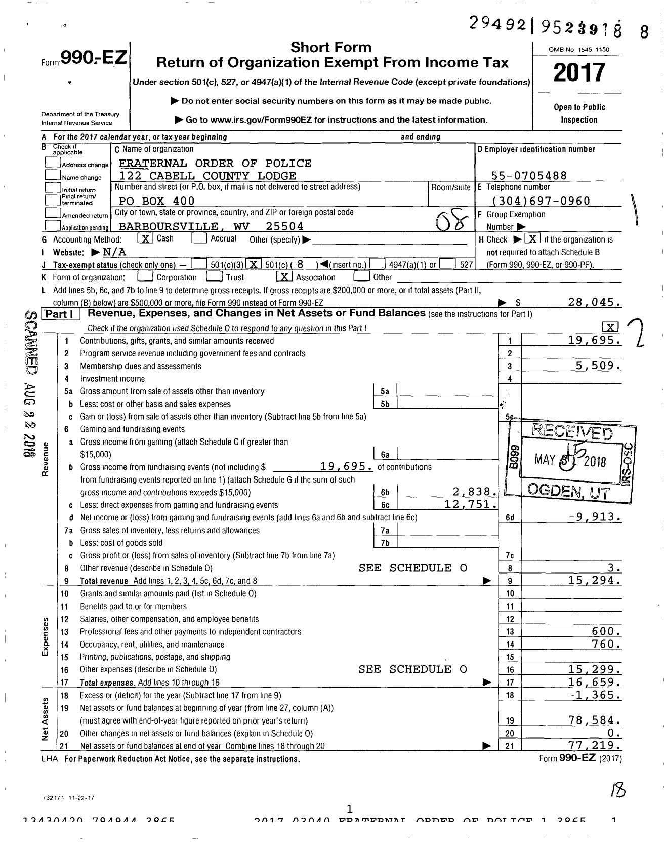 Image of first page of 2017 Form 990EO for Fraternal Order of Police - 122 Cabell County Lodge