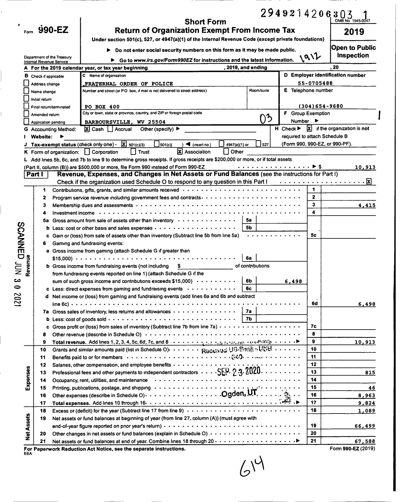 Image of first page of 2019 Form 990EZ for Fraternal Order of Police - 122 Cabell County Lodge