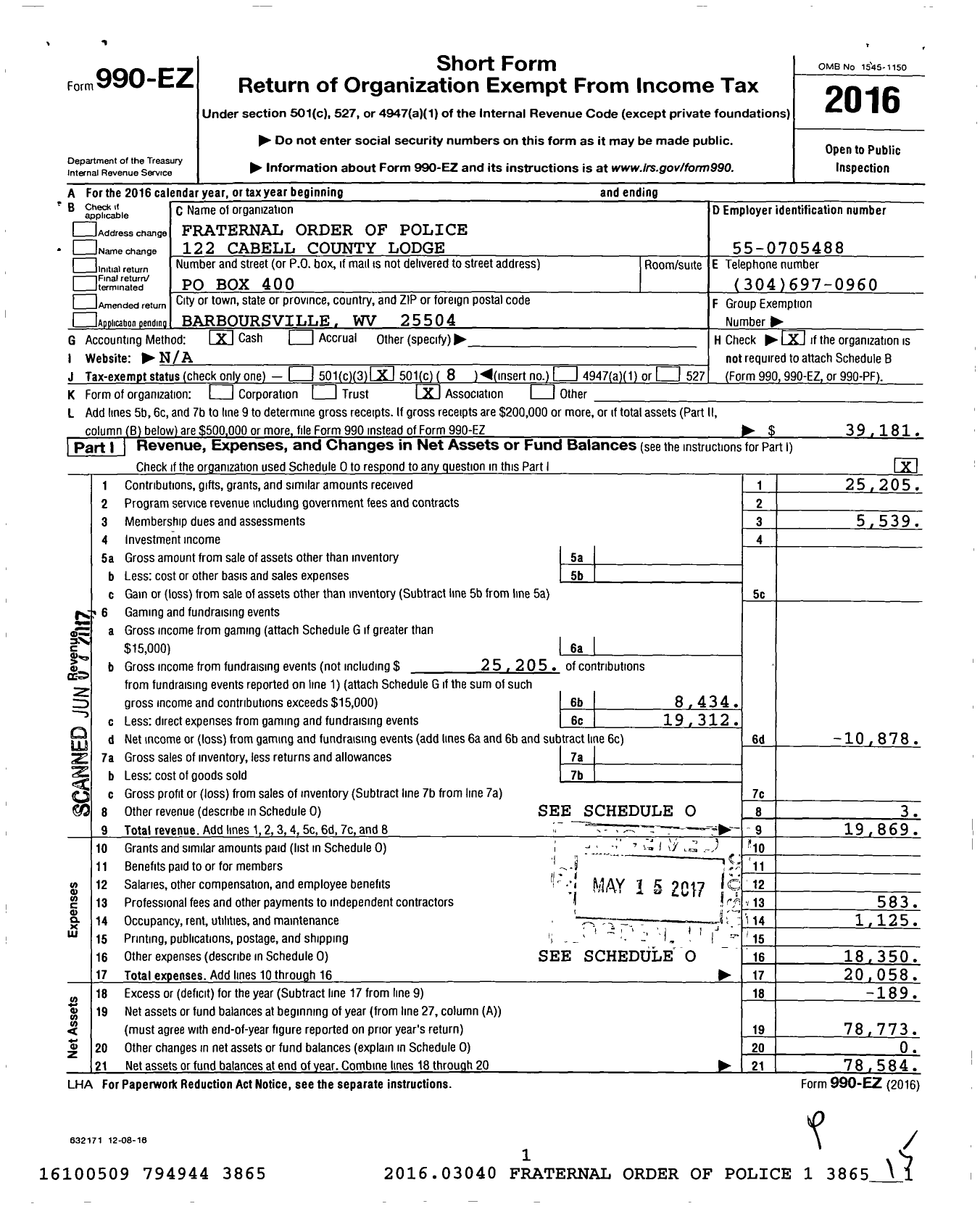 Image of first page of 2016 Form 990EO for Fraternal Order of Police - 122 Cabell County Lodge