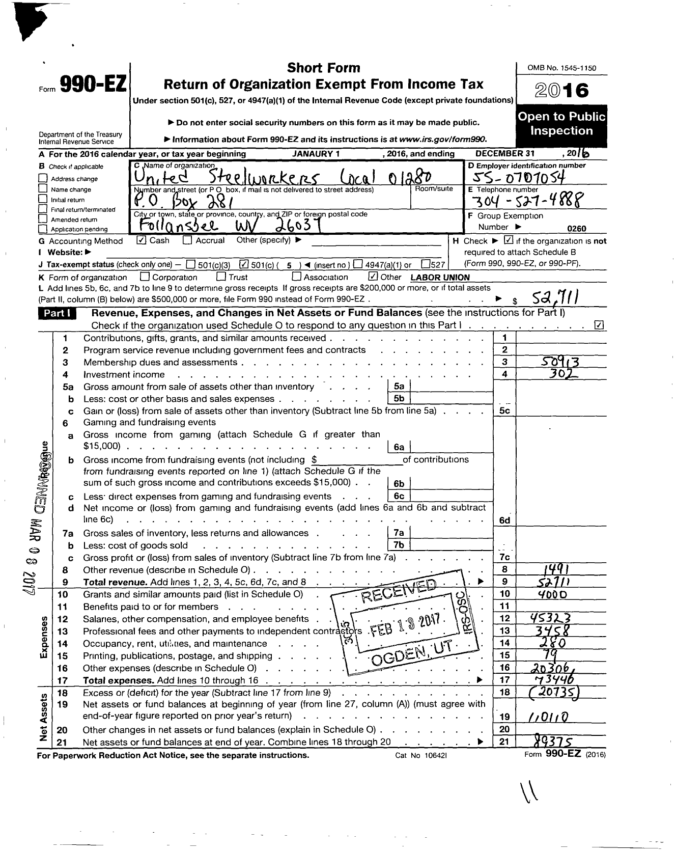 Image of first page of 2016 Form 990EO for United Steelworkers Local 01280