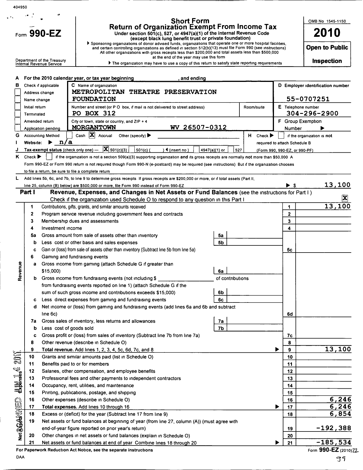 Image of first page of 2010 Form 990EZ for Metropolitan Theatre Preservation Foundation