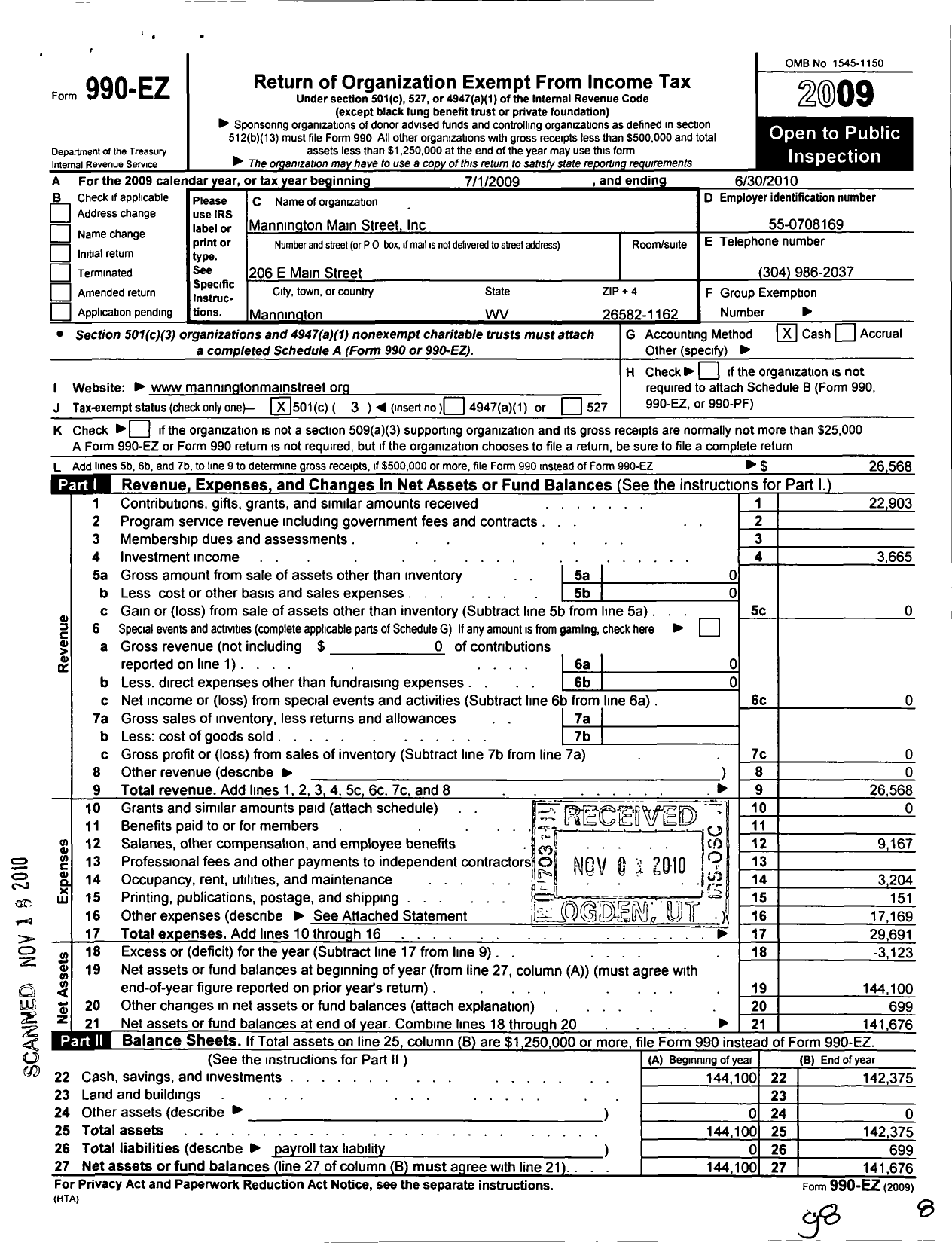 Image of first page of 2009 Form 990EZ for Mannington Main Street