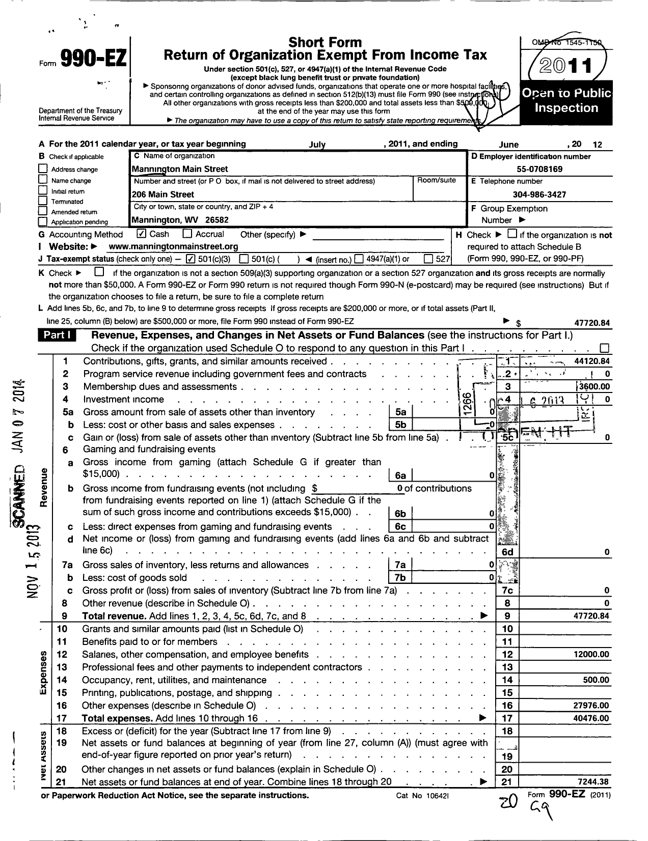 Image of first page of 2011 Form 990EZ for Mannington Main Street