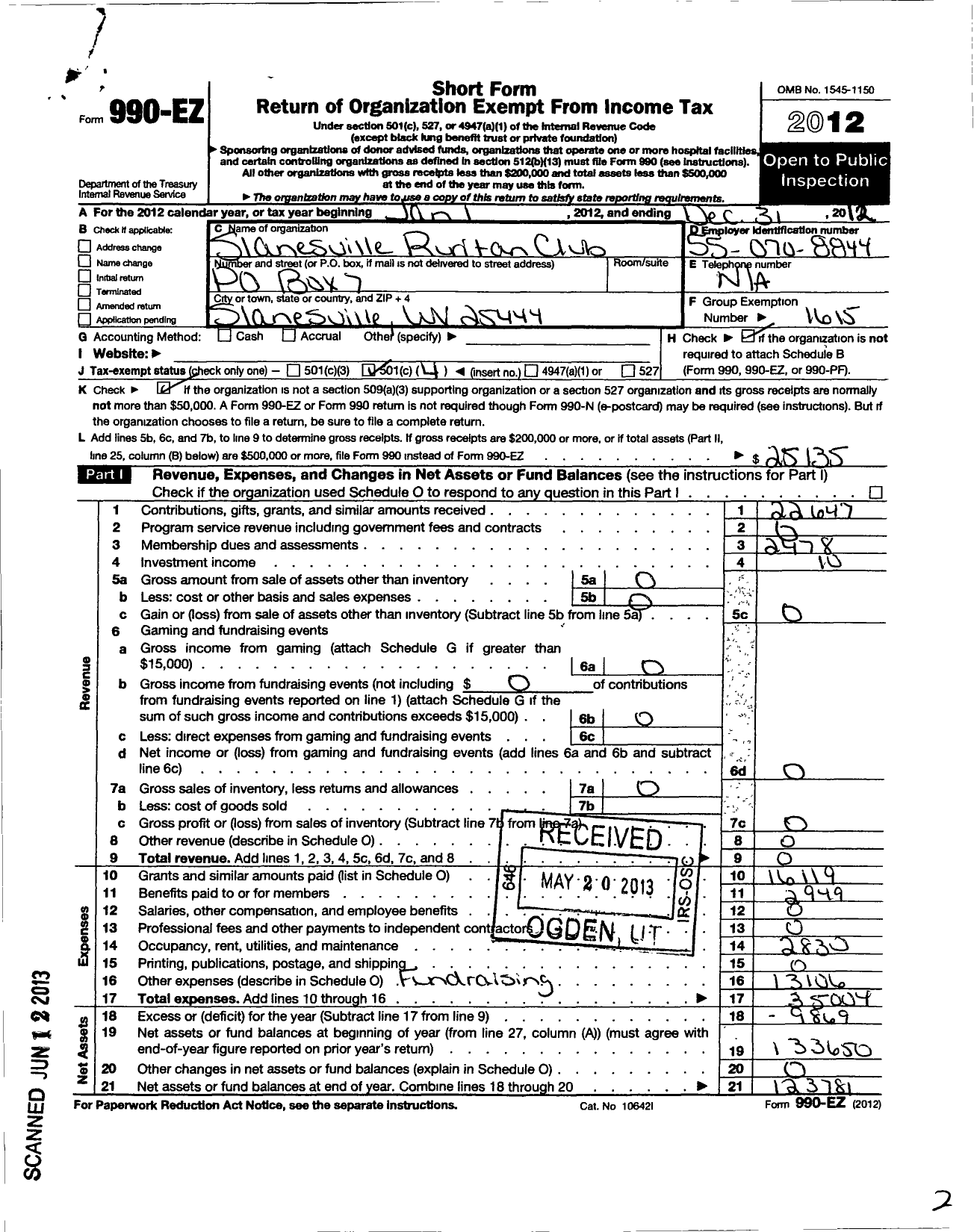 Image of first page of 2012 Form 990EO for Ruritan - Slanesville