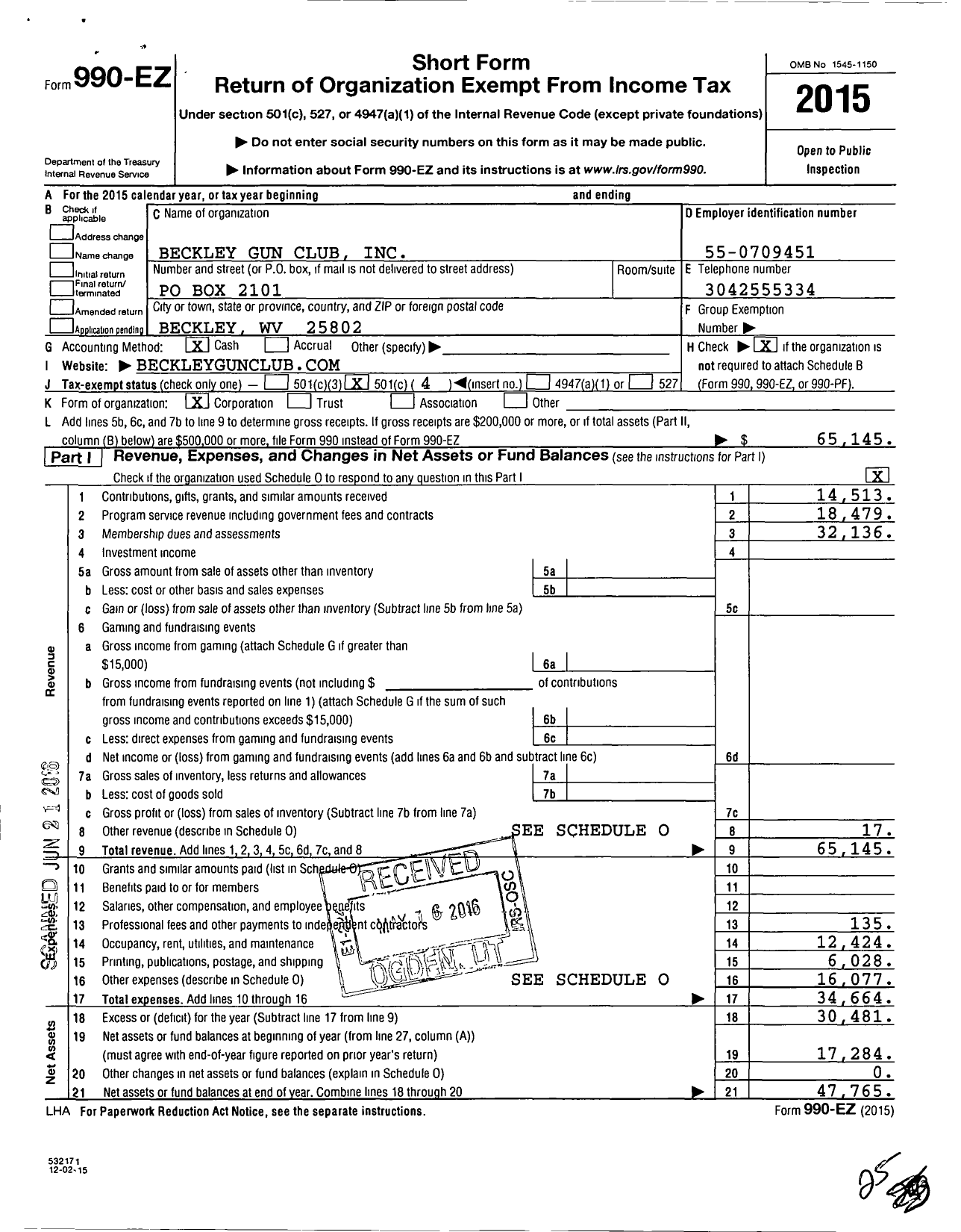 Image of first page of 2015 Form 990EO for Beckley Gun Club