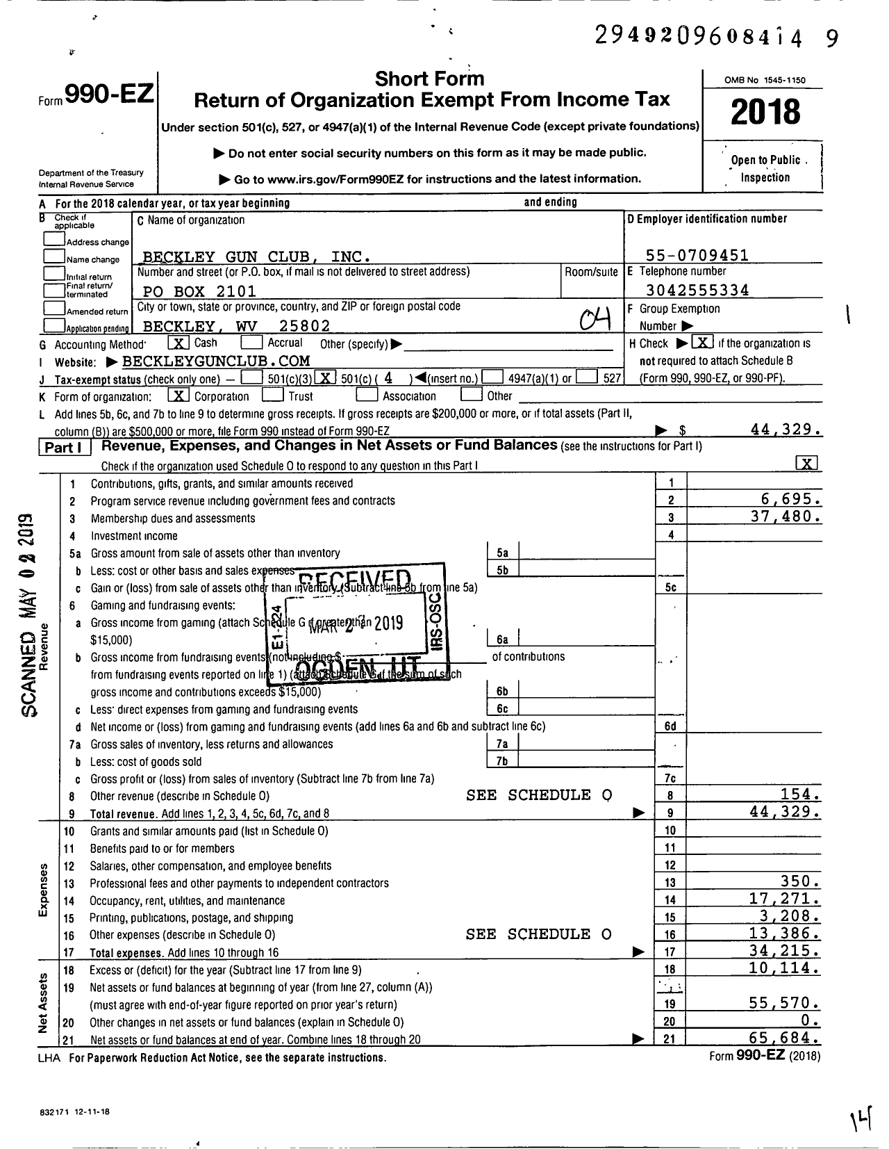 Image of first page of 2018 Form 990EO for Beckley Gun Club