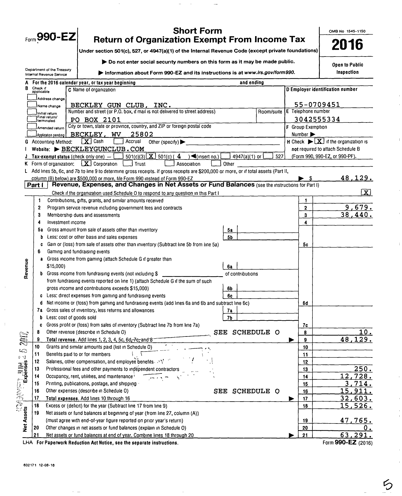 Image of first page of 2016 Form 990EO for Beckley Gun Club