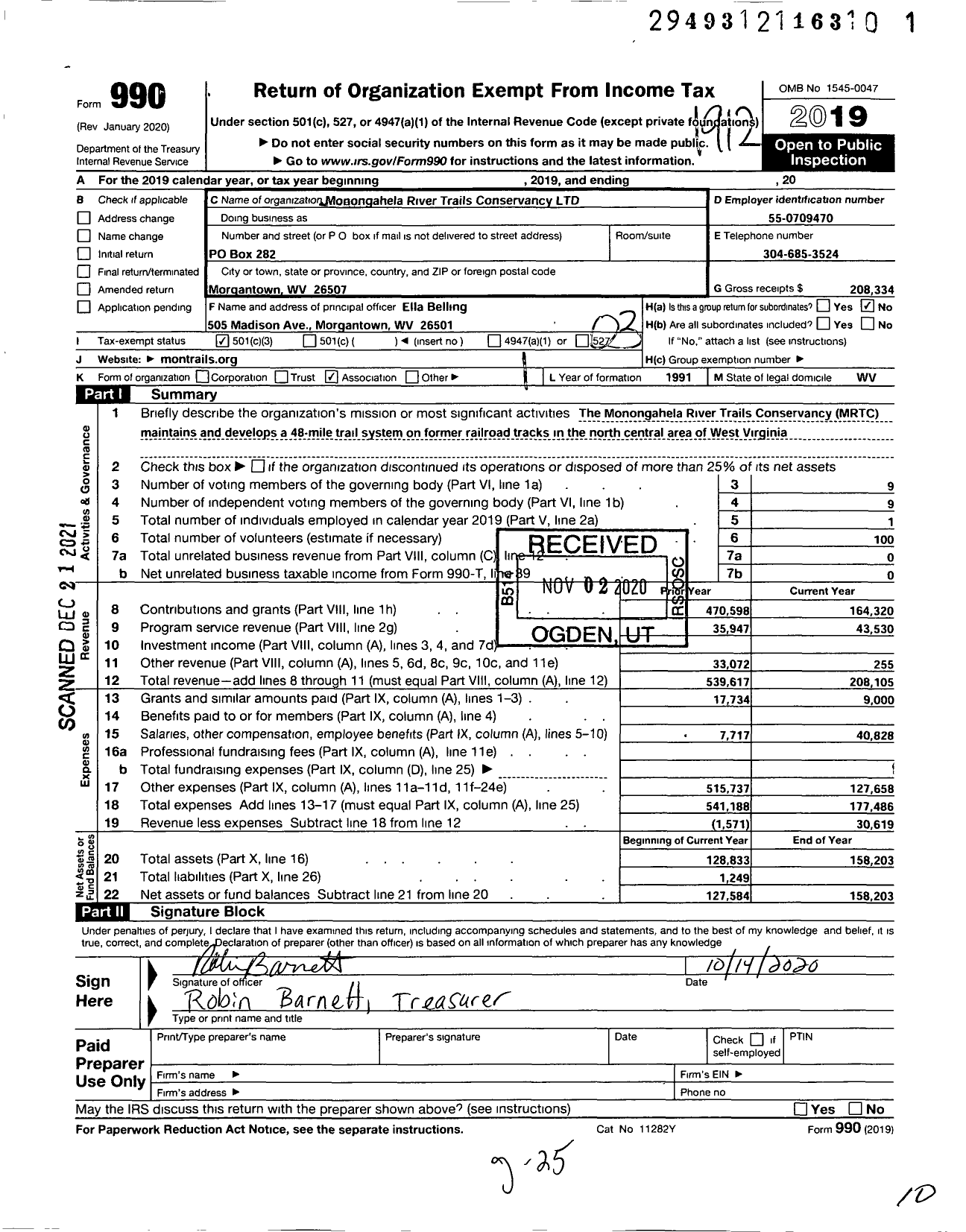 Image of first page of 2019 Form 990 for Monongahela River Trails Conservancy Limited