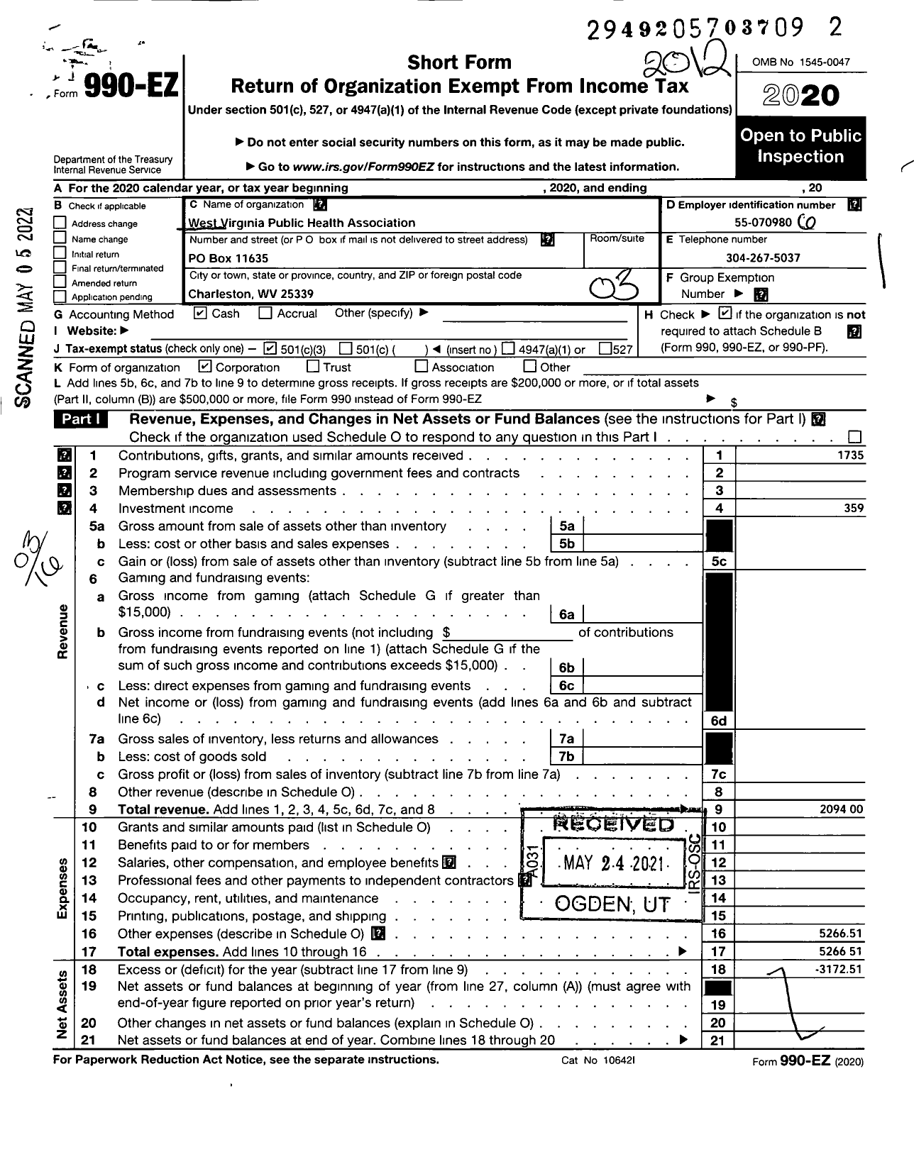 Image of first page of 2020 Form 990EZ for West Virginia Public Health Association