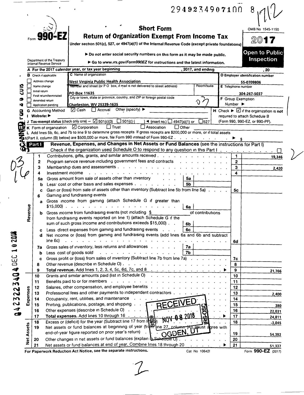 Image of first page of 2017 Form 990EZ for West Virginia Public Health Association