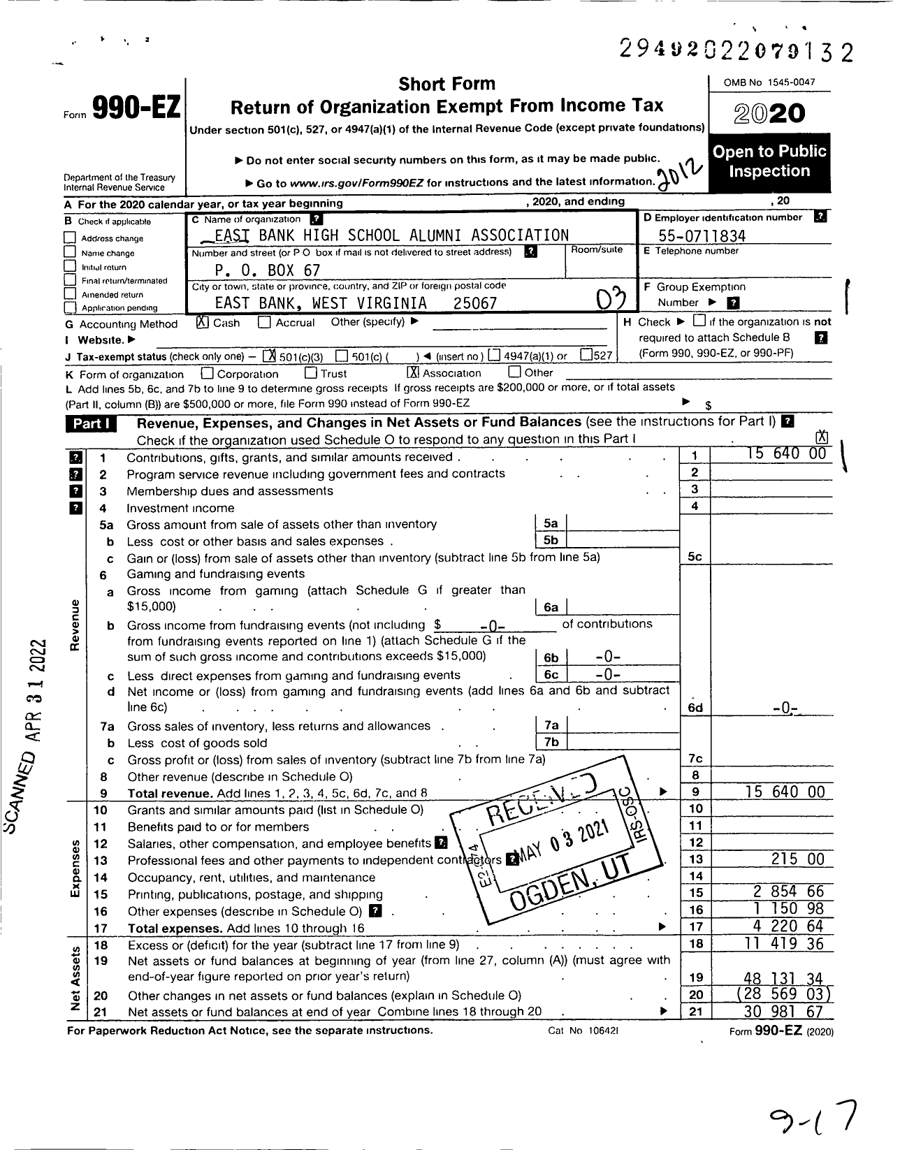 Image of first page of 2020 Form 990EZ for East Bank High School Alumni Association