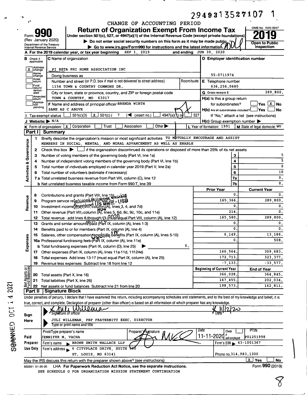 Image of first page of 2019 Form 990O for Pi Beta Phi Home Association