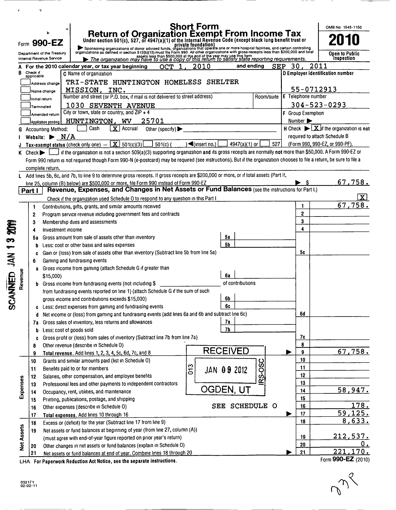 Image of first page of 2010 Form 990EZ for Tri-State Huntington Homeless Shelter Mission