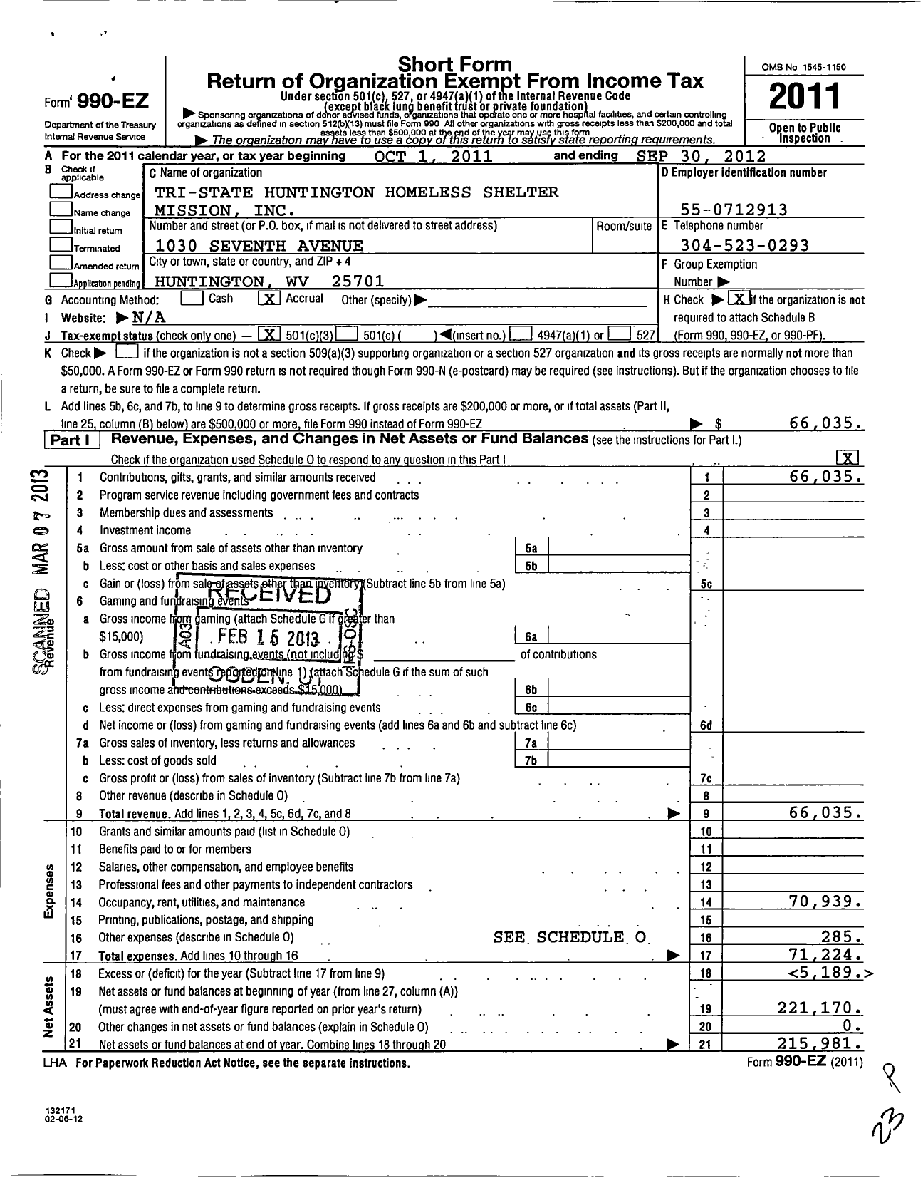 Image of first page of 2011 Form 990EZ for Tri-State Huntington Homeless Shelter Mission