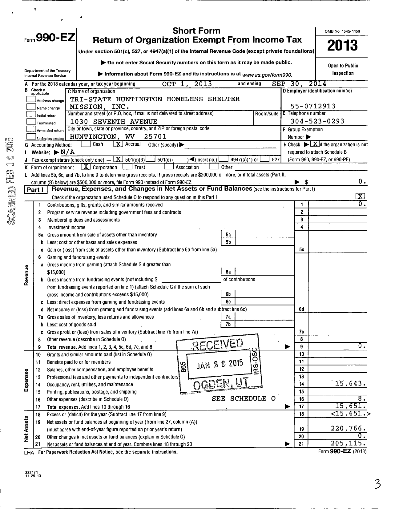 Image of first page of 2013 Form 990EZ for Tri-State Huntington Homeless Shelter Mission