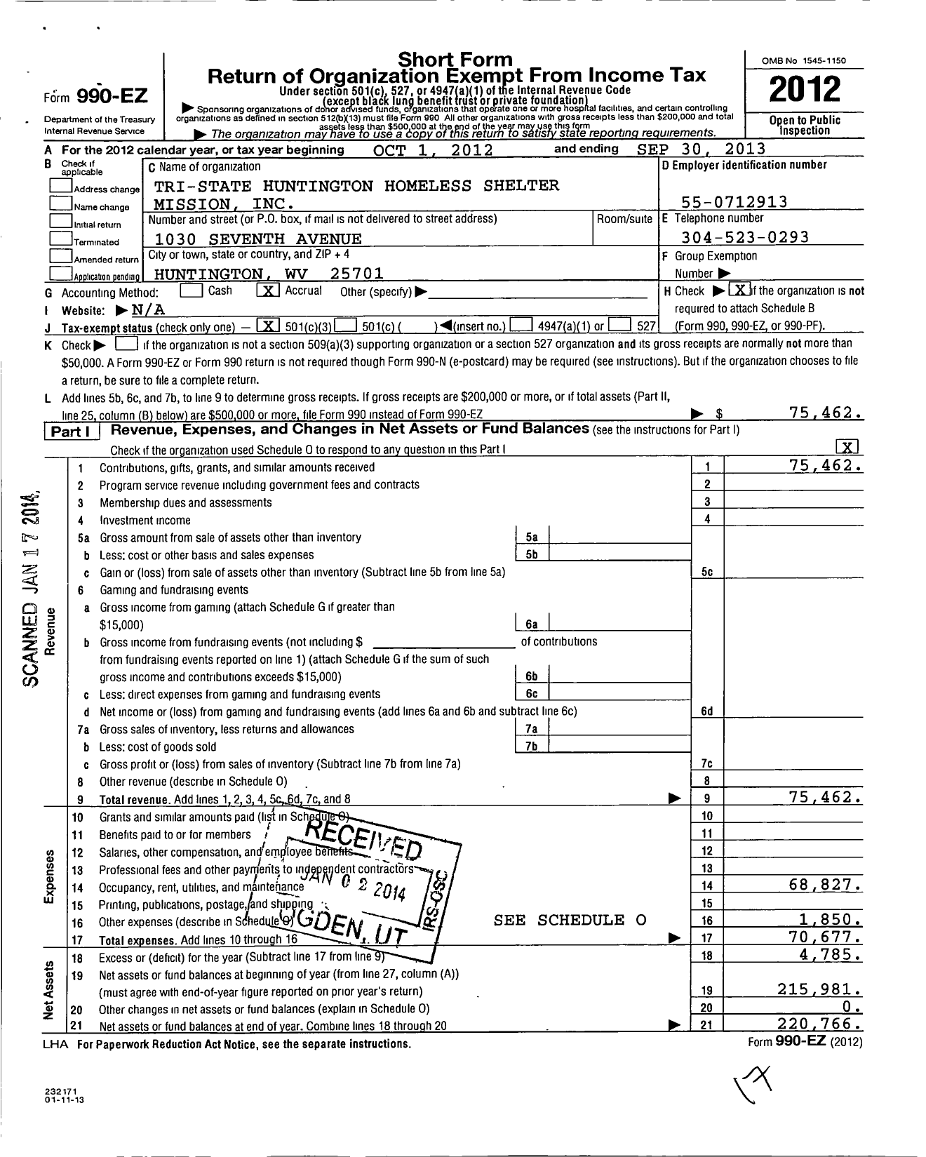 Image of first page of 2012 Form 990EZ for Tri-State Huntington Homeless Shelter Mission