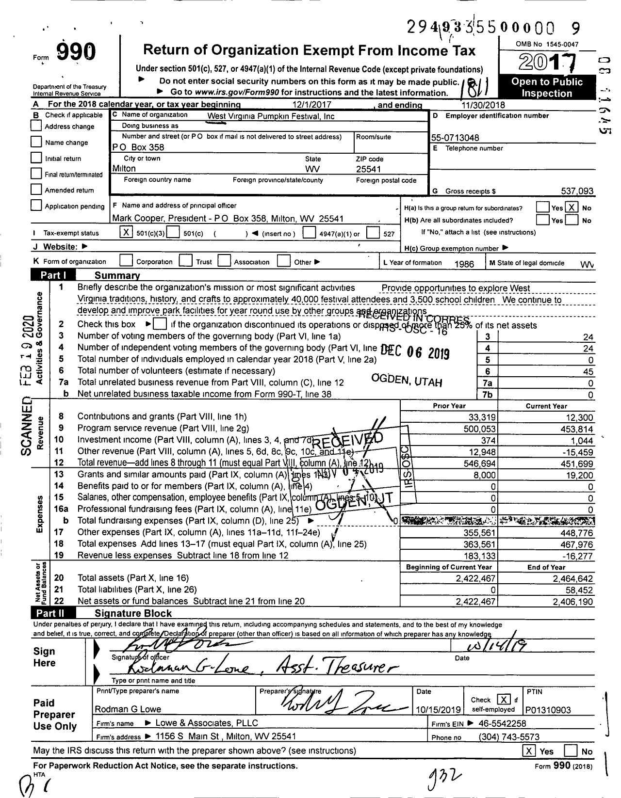 Image of first page of 2017 Form 990 for West Virginia Pumpkin Festival