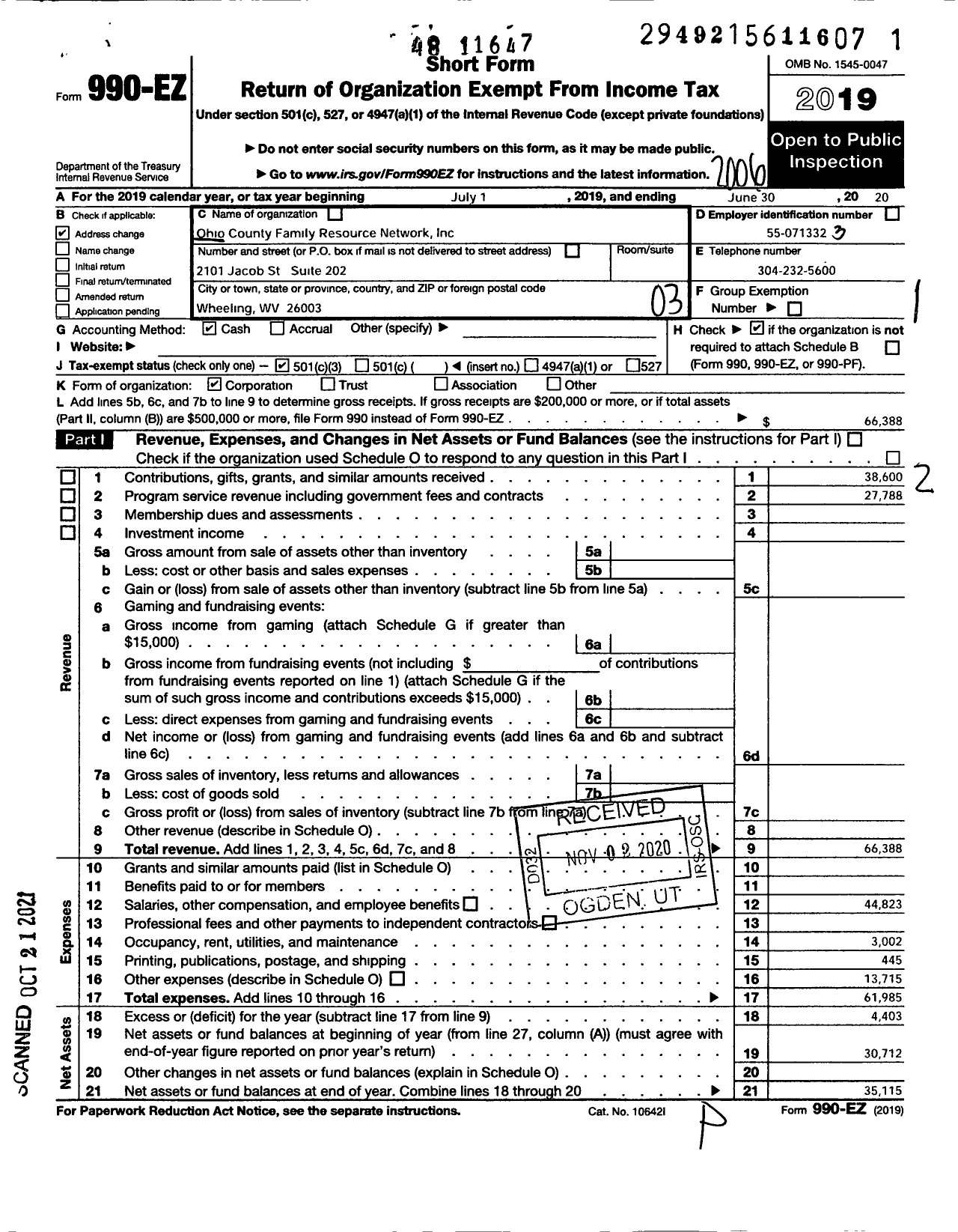 Image of first page of 2019 Form 990EZ for Ohio County Family Resource Network