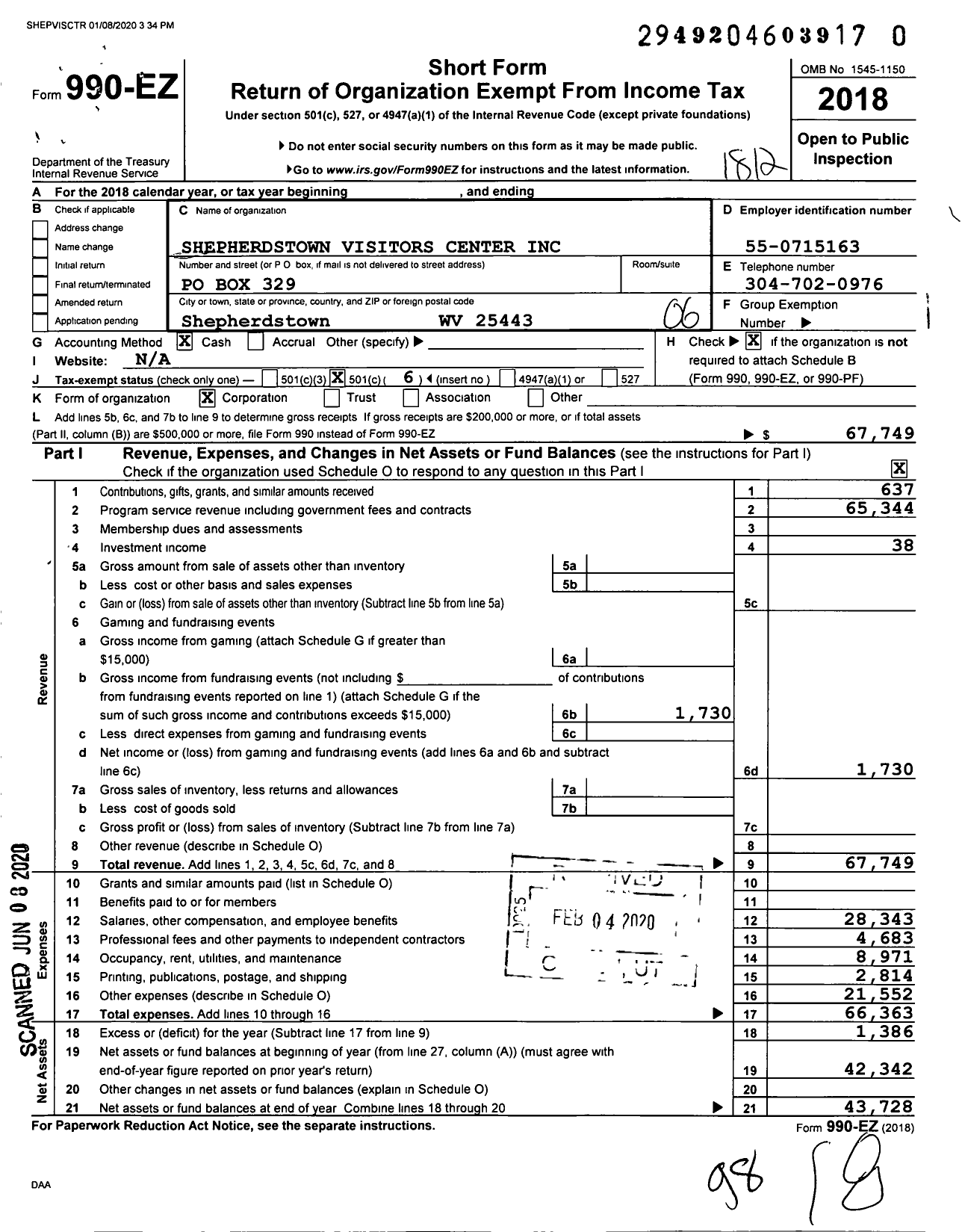 Image of first page of 2018 Form 990EO for Shepherdstown Visitors Center