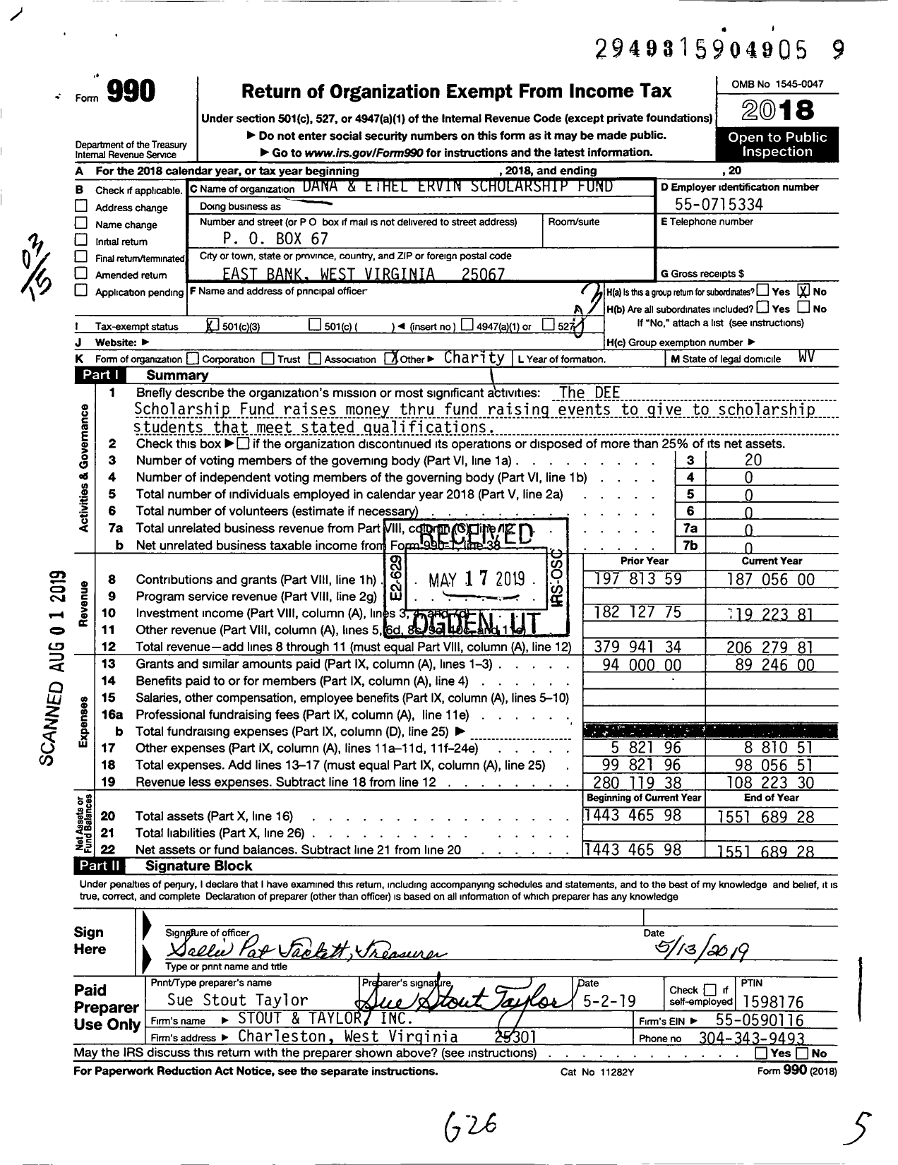 Image of first page of 2018 Form 990 for Sallie Pat Tackett Scholarship Fund Foundation