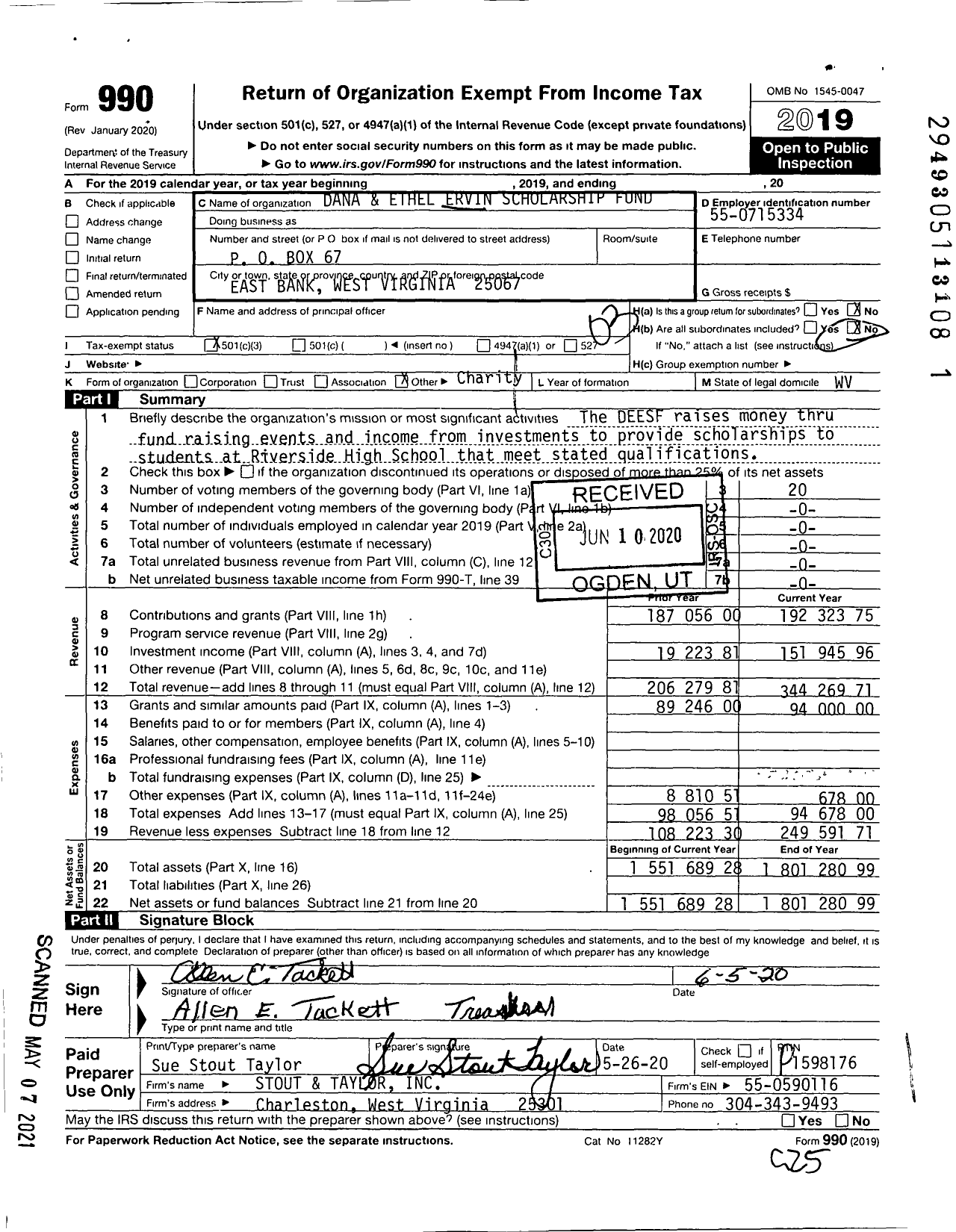Image of first page of 2019 Form 990 for Sallie Pat Tackett Scholarship Fund Foundation