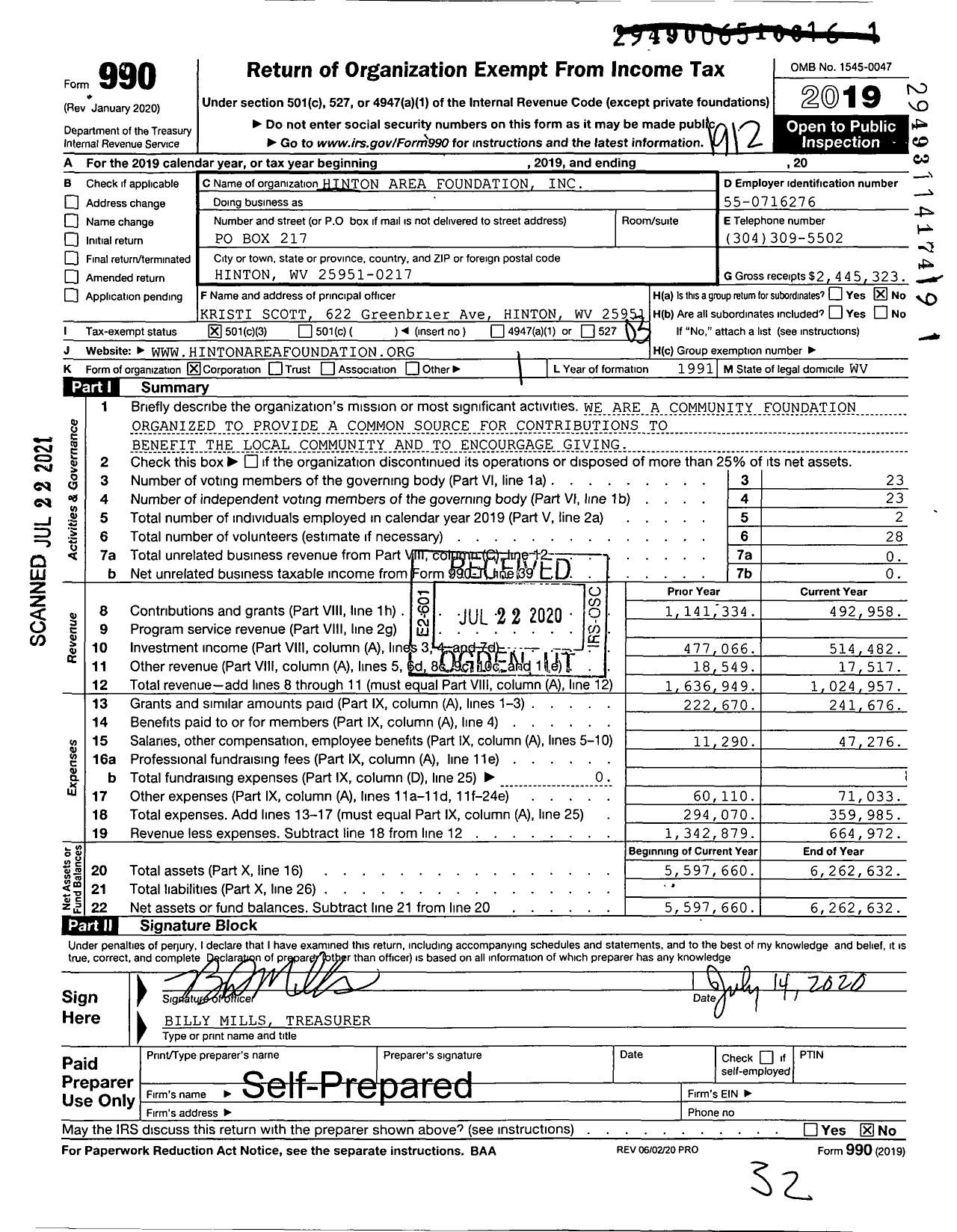 Image of first page of 2019 Form 990 for Hinton Area Foundation