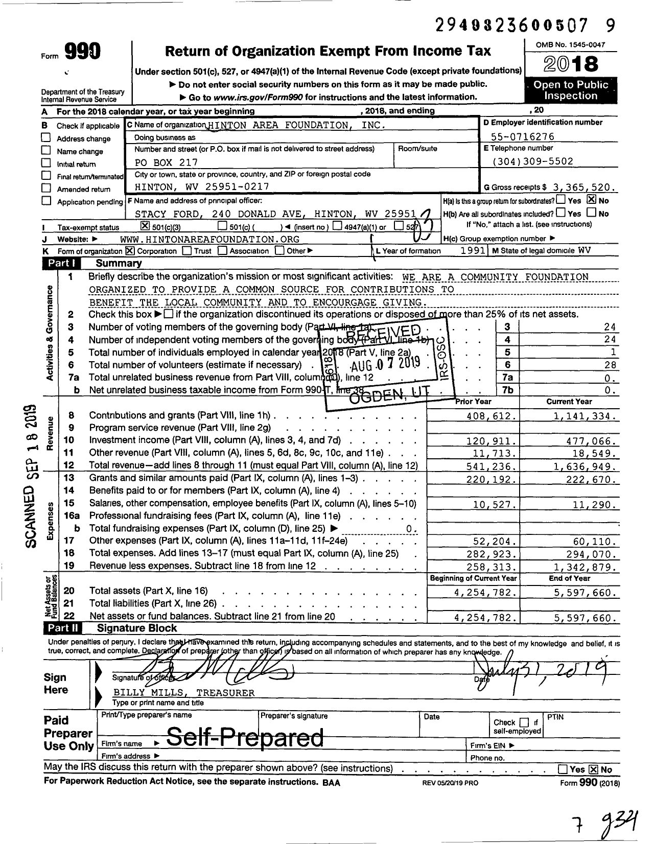 Image of first page of 2018 Form 990 for Hinton Area Foundation