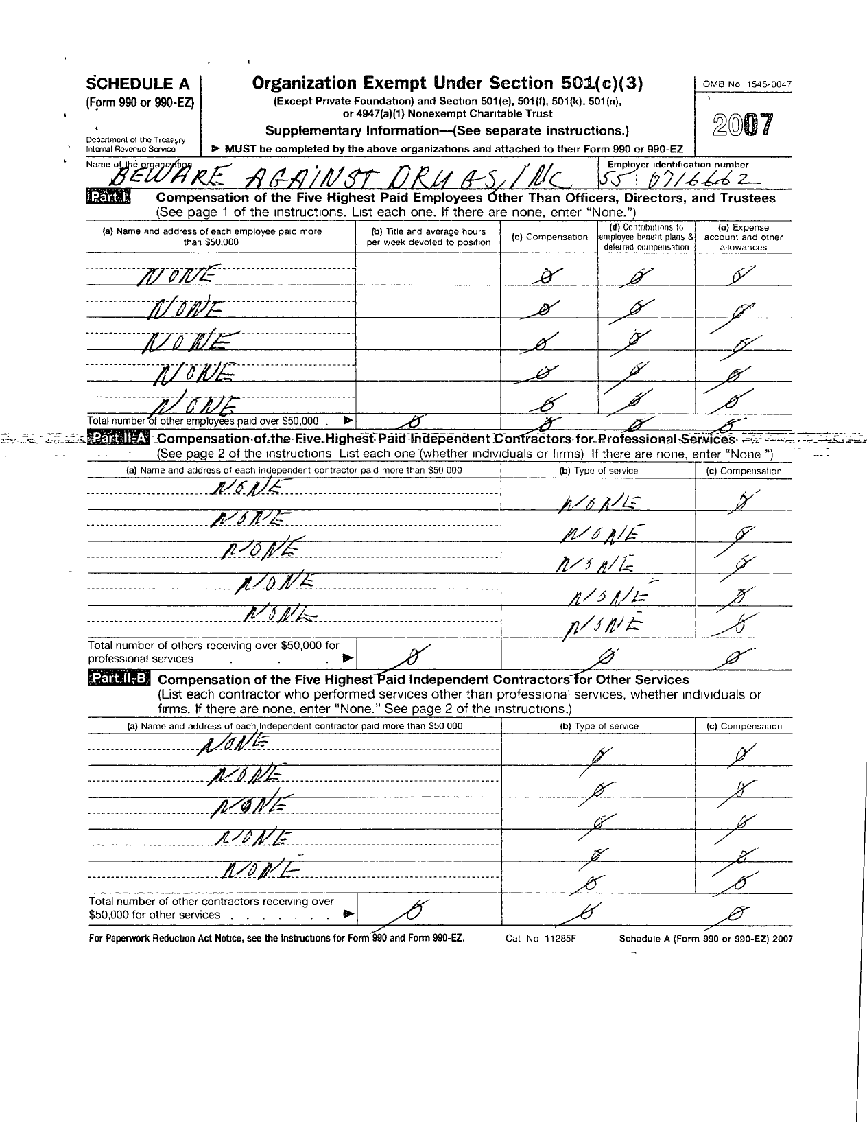 Image of first page of 2007 Form 990ER for Beware Against Drugs