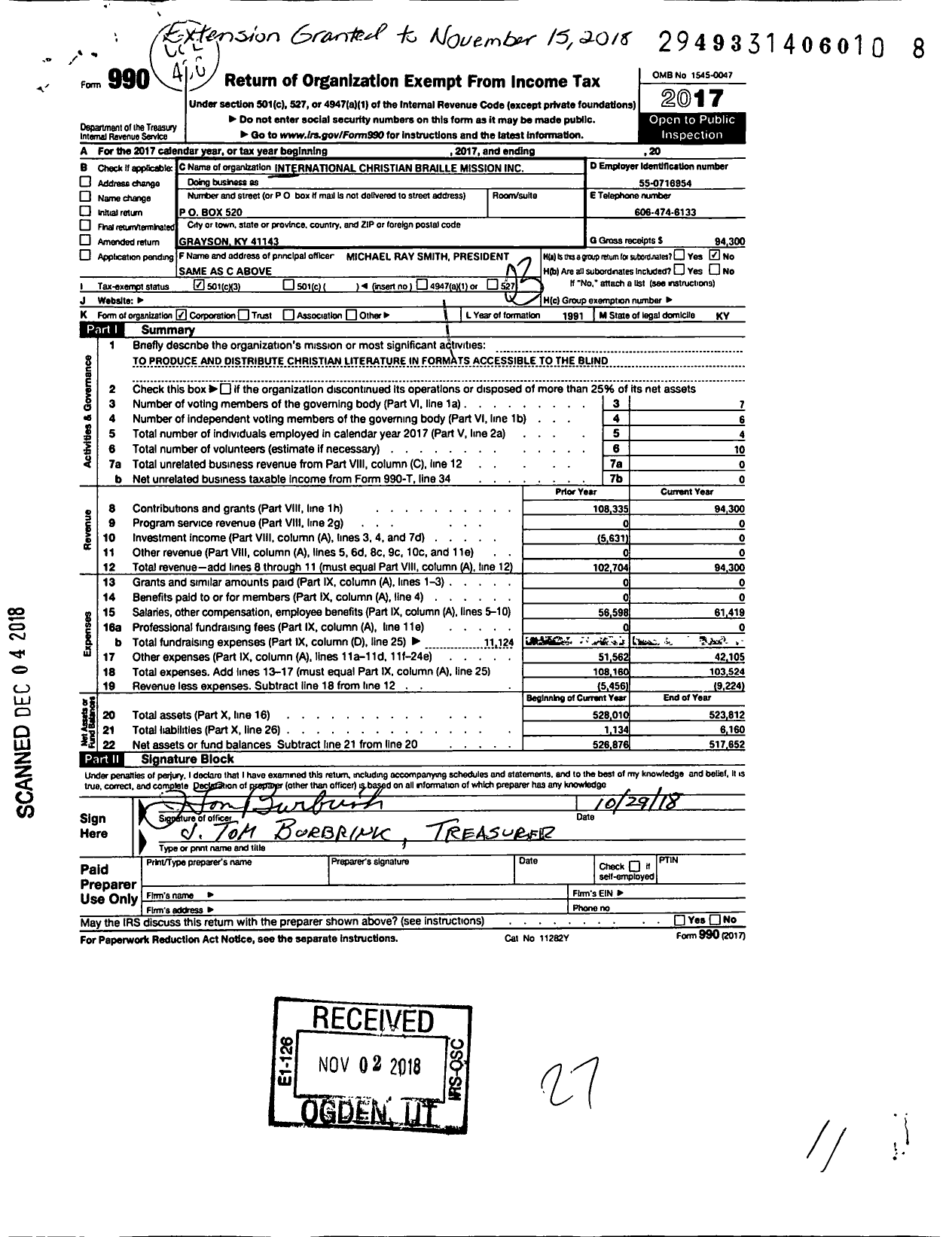 Image of first page of 2017 Form 990 for International Christian Braille Mission