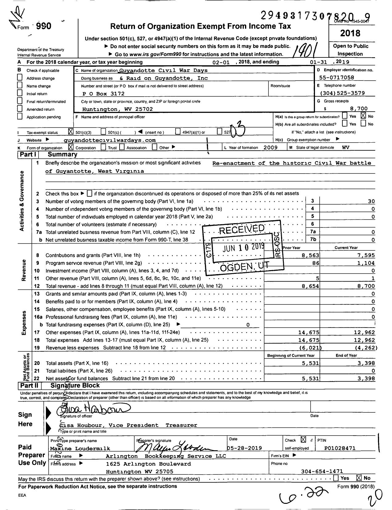 Image of first page of 2018 Form 990 for Guyandotte Civil War Days and Raid on Guyandotte