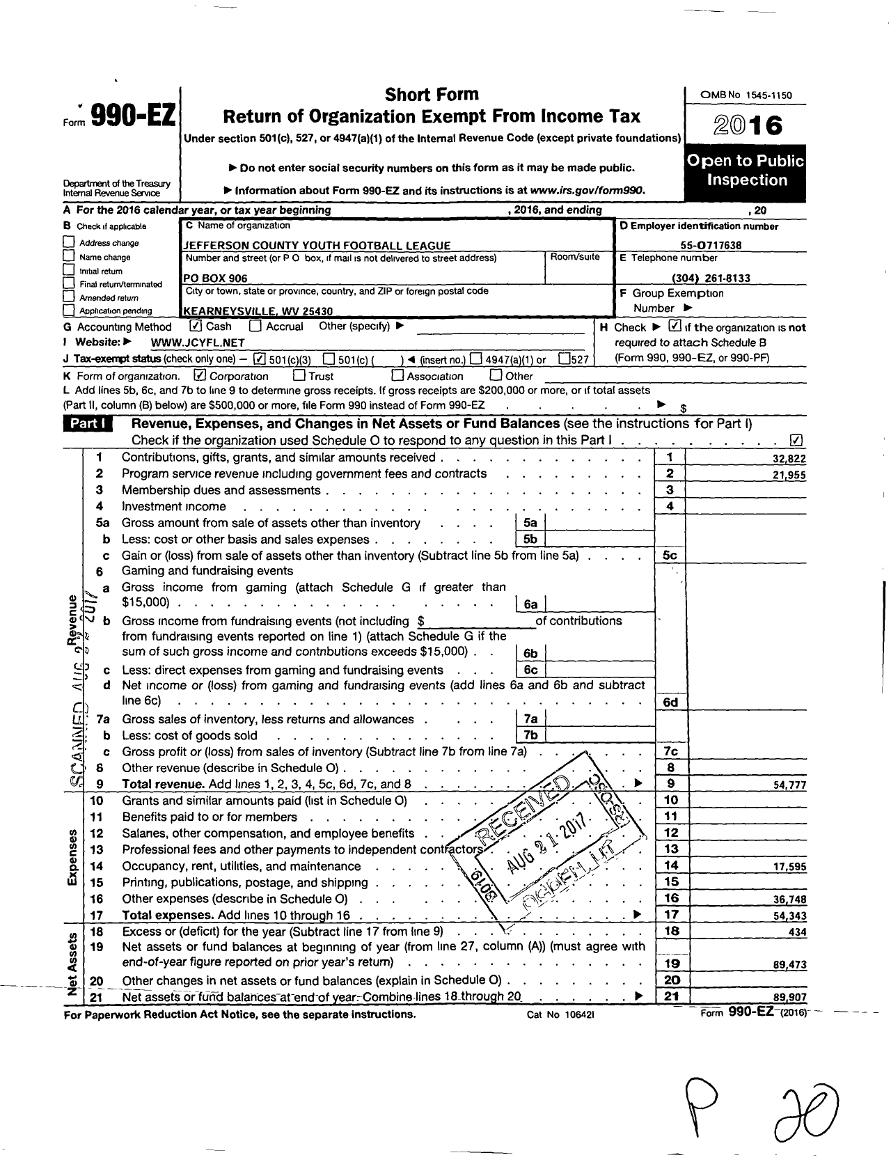 Image of first page of 2016 Form 990EZ for Jefferson County Youth Football