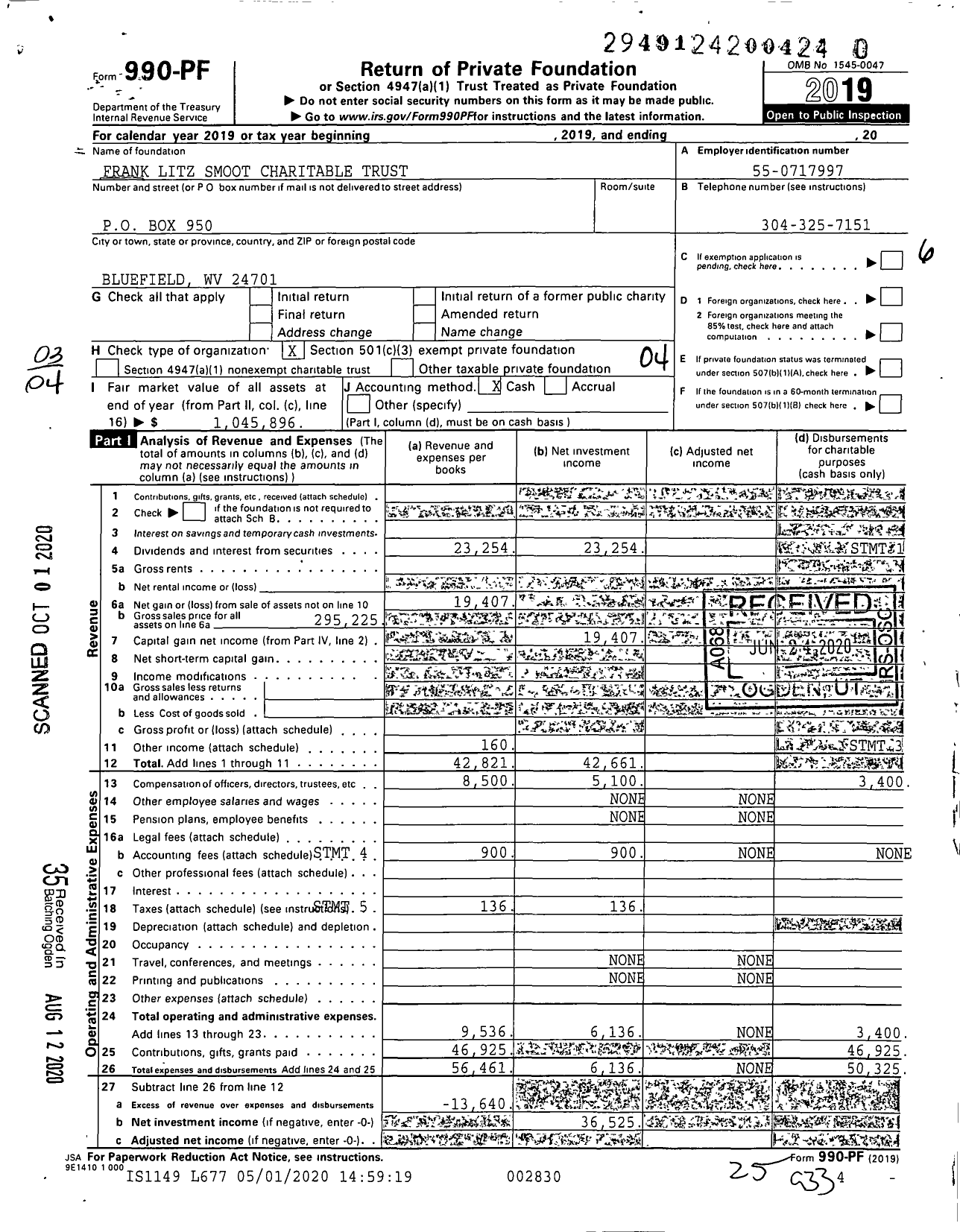 Image of first page of 2019 Form 990PR for Frank Litz Smoot Charitable Trust