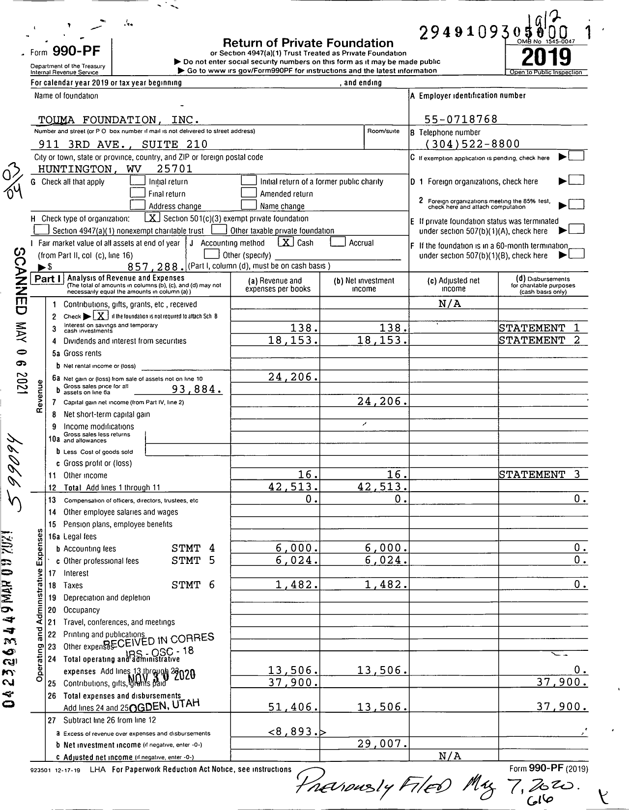 Image of first page of 2019 Form 990PF for Touma Foundation