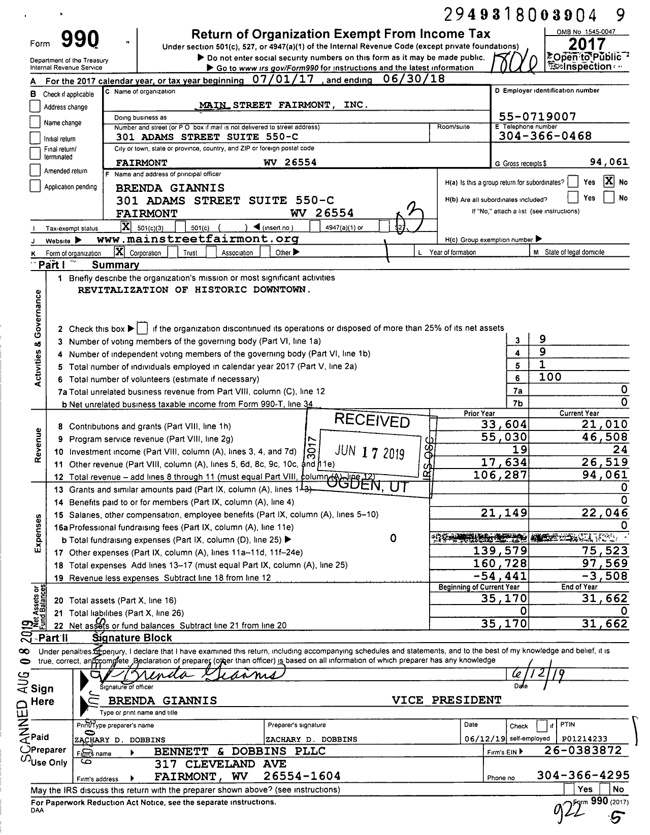 Image of first page of 2017 Form 990 for Main Street Fairmont