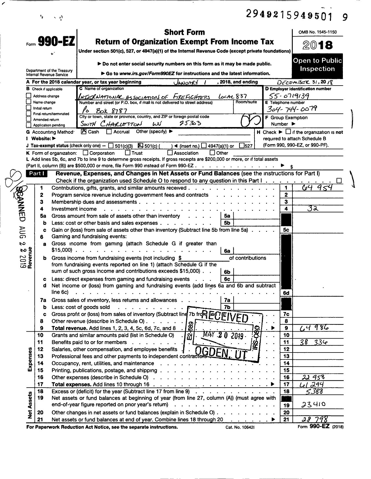 Image of first page of 2018 Form 990EO for International Association of Fire Fighters - L0837 South Charleston