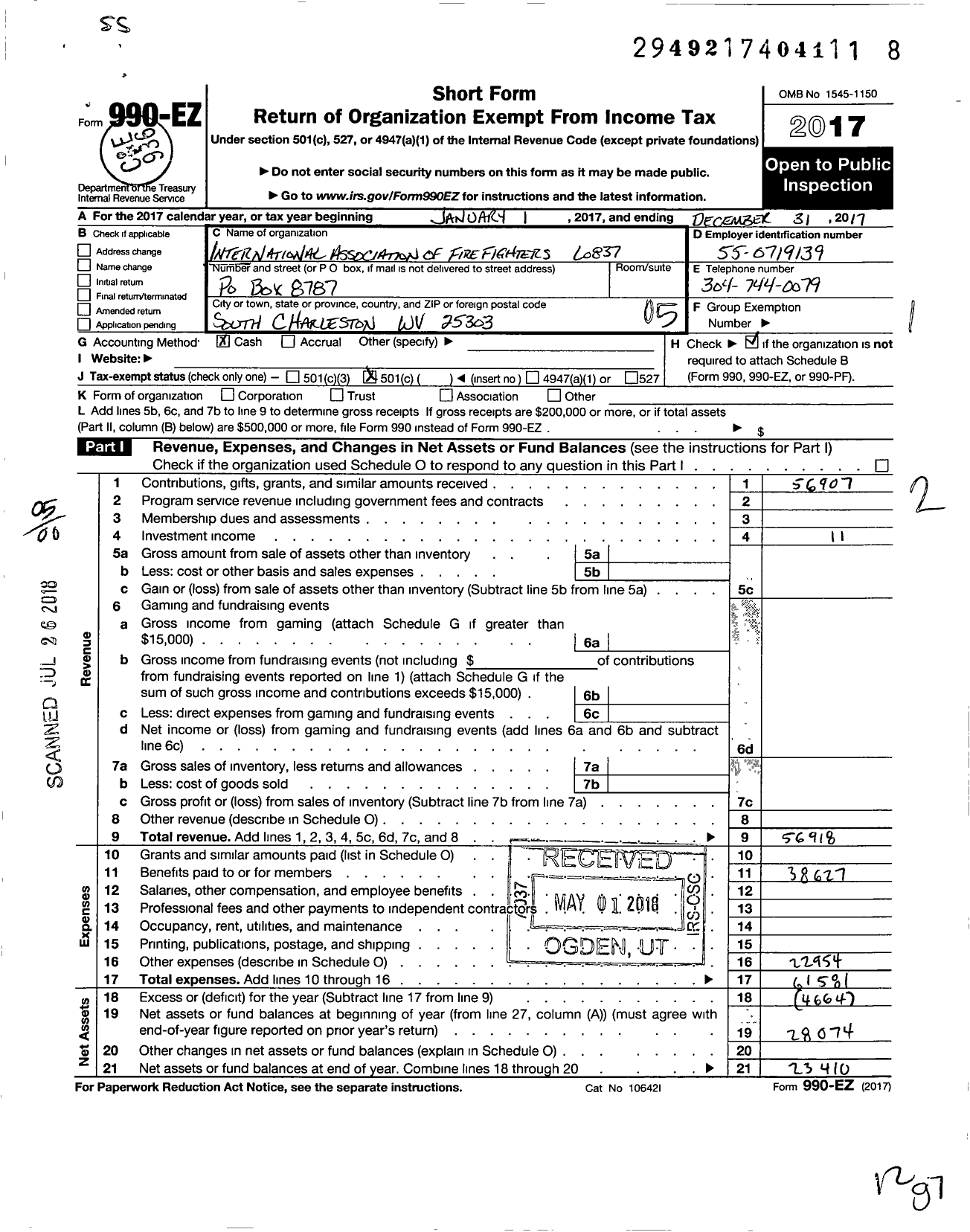 Image of first page of 2017 Form 990EZ for International Association of Fire Fighters - L0837 South Charleston