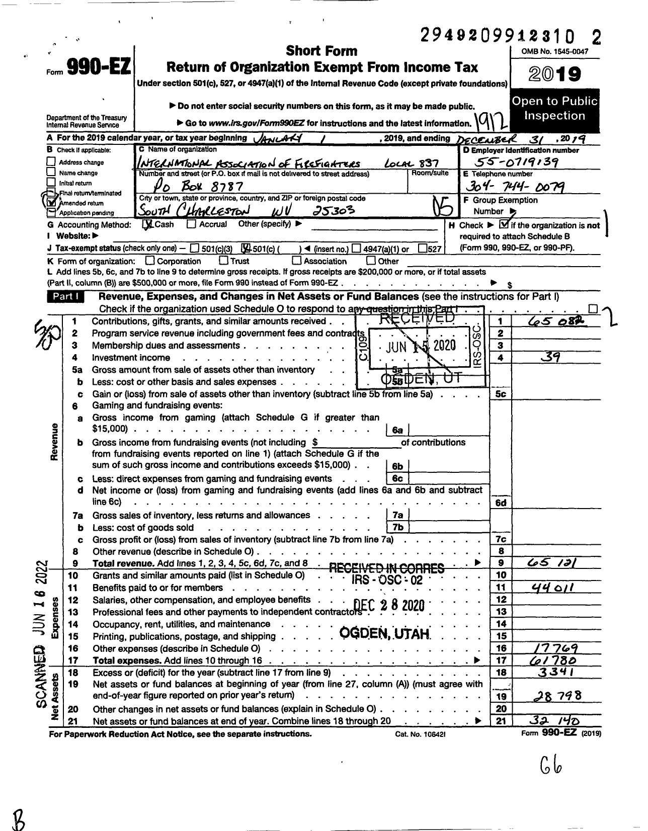 Image of first page of 2019 Form 990EO for International Association of Fire Fighters - L0837 South Charleston