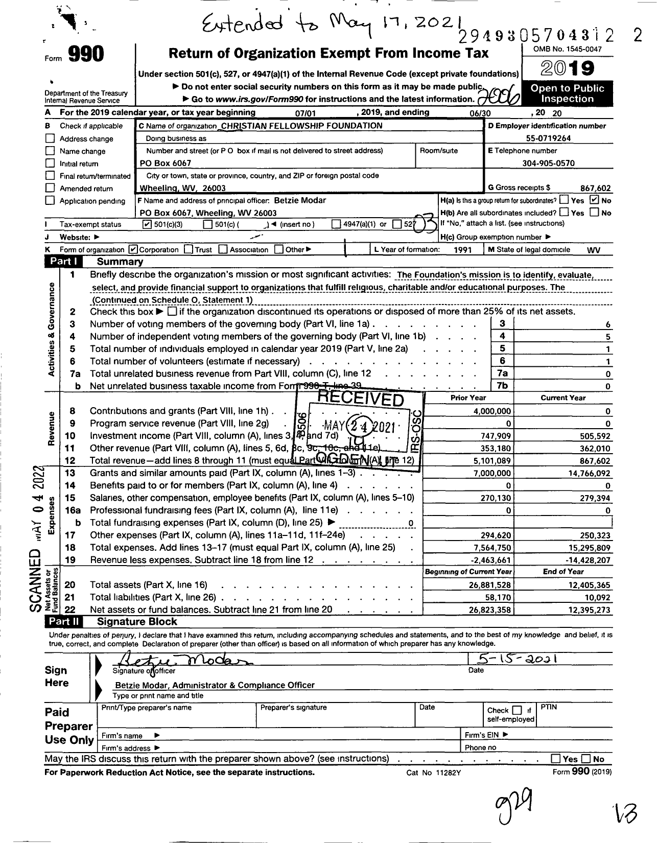 Image of first page of 2019 Form 990 for Christian Fellowship Foundation